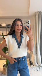 Vatkalı Denim Yaka Beyaz Triko
