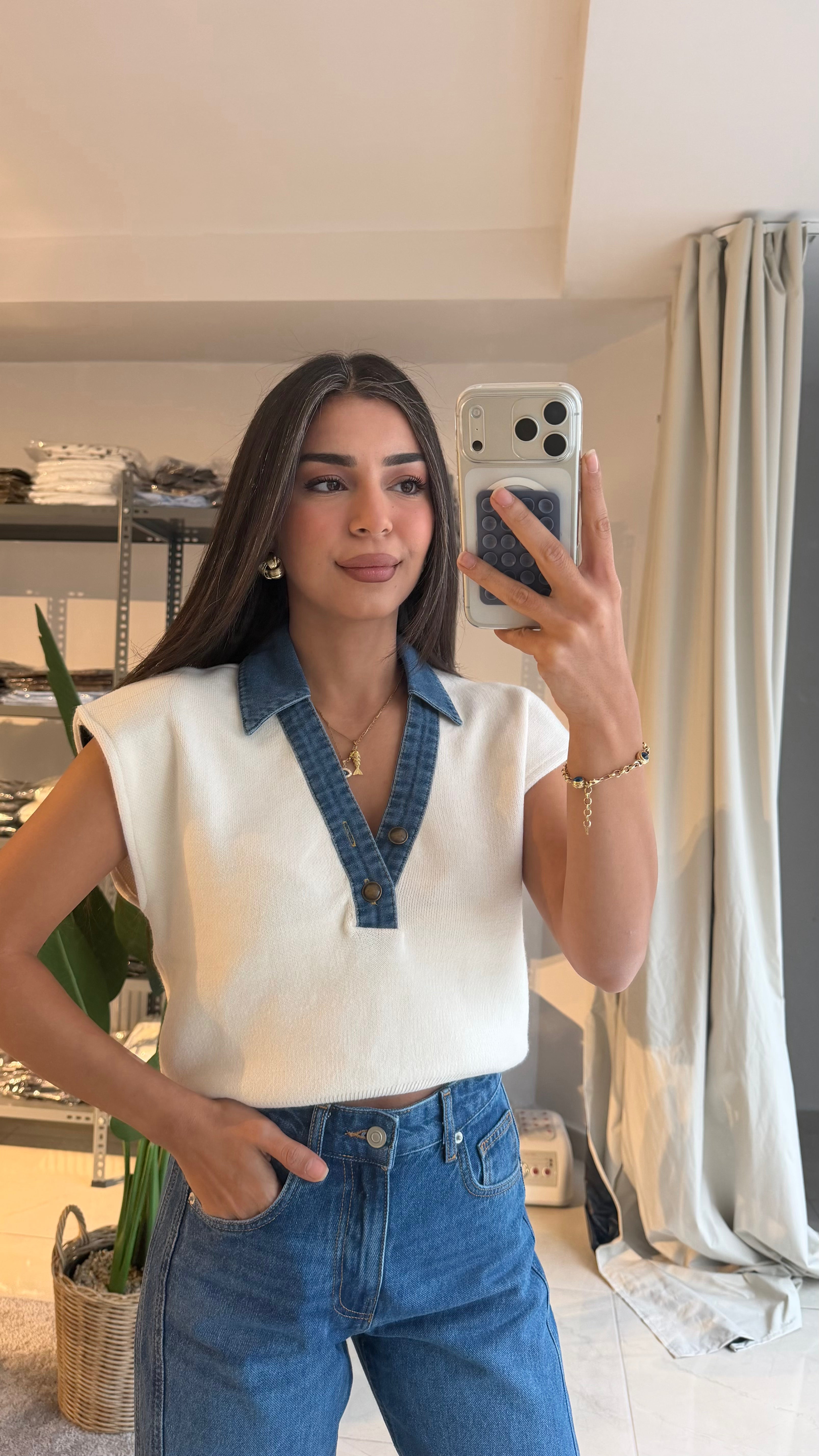 Vatkalı Denim Yaka Beyaz Triko