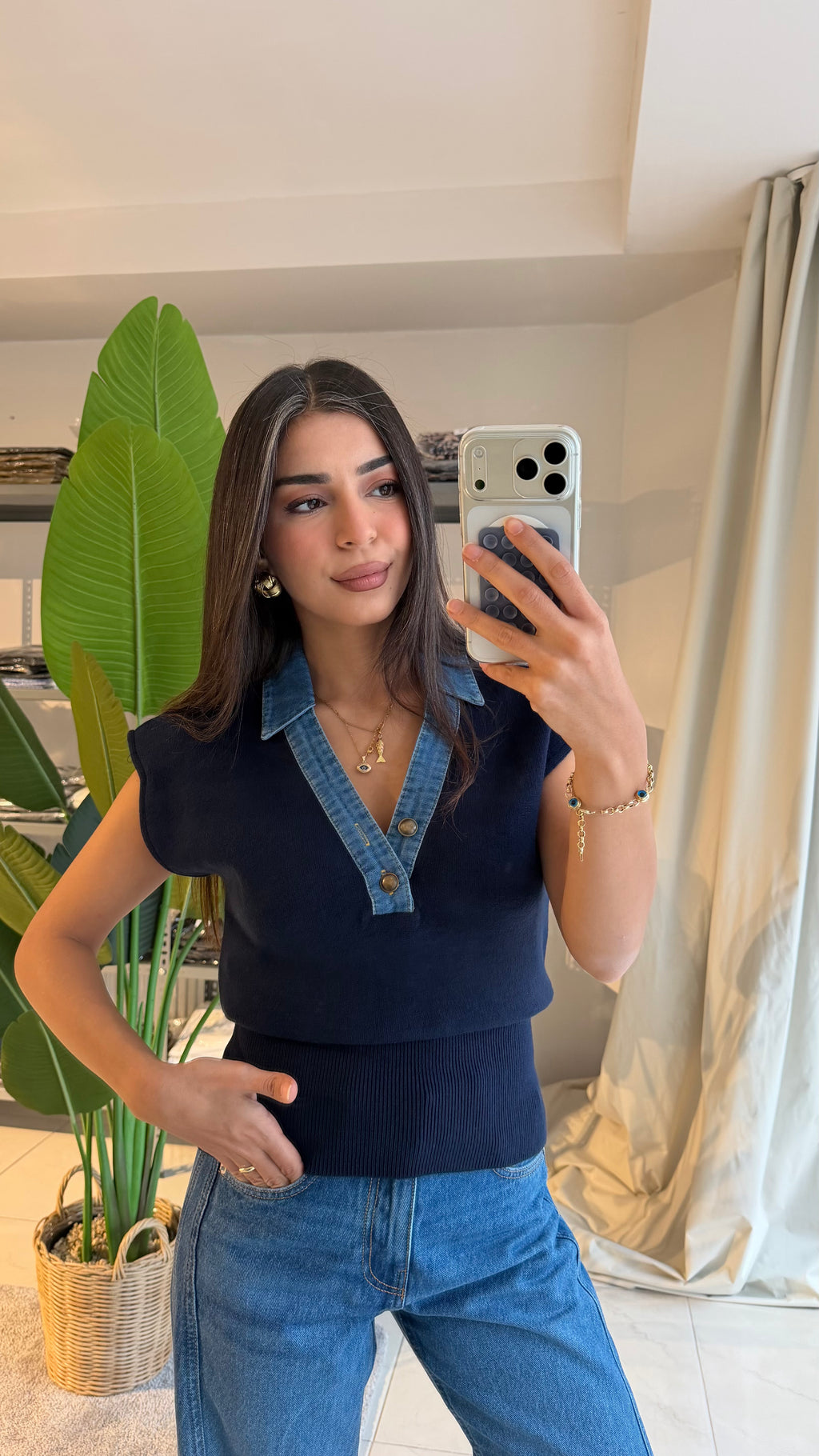Vatkalı Denim Yaka Lacivert Triko