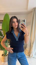 Vatkalı Denim Yaka Lacivert Triko