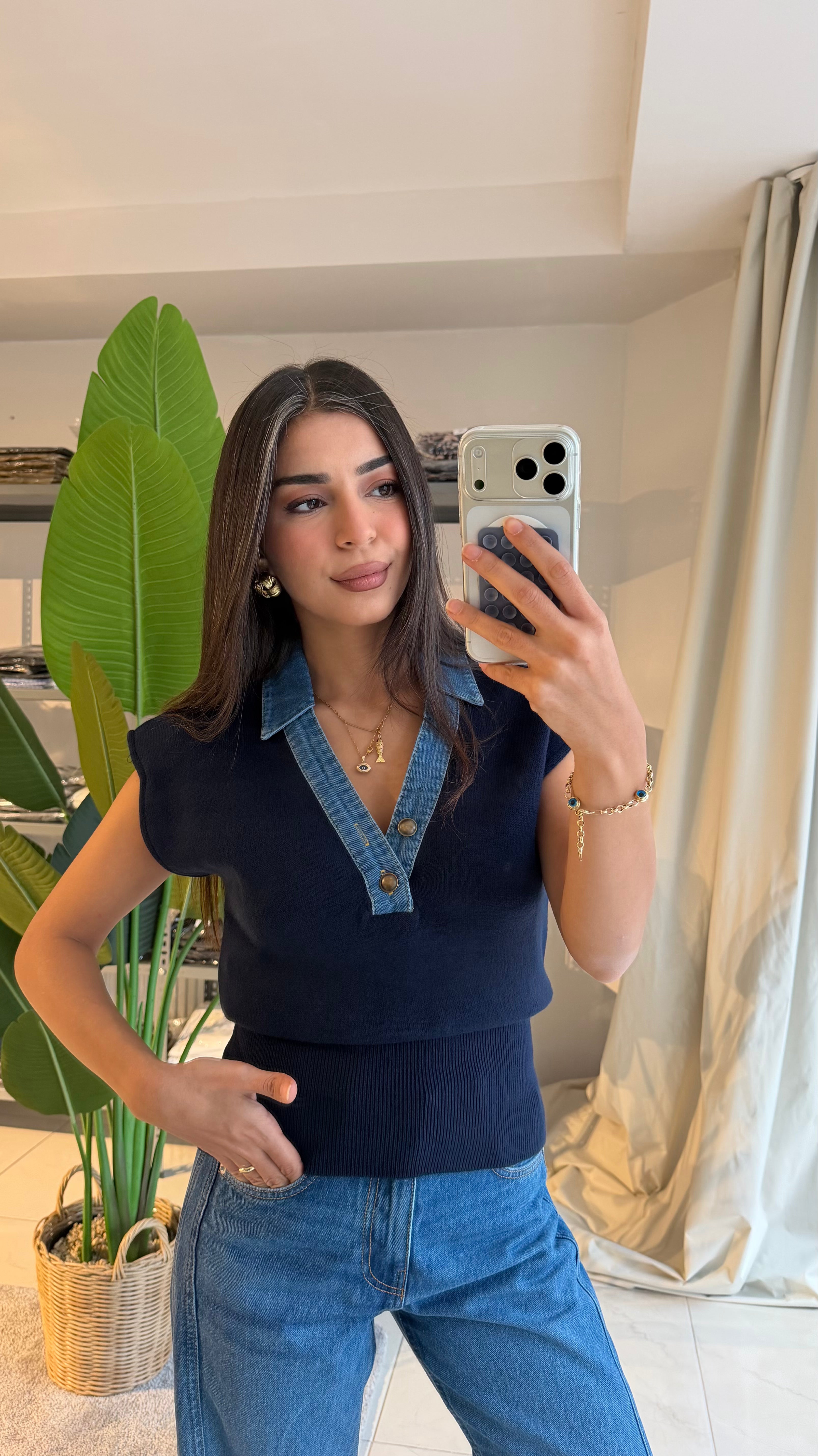 Vatkalı Denim Yaka Lacivert Triko