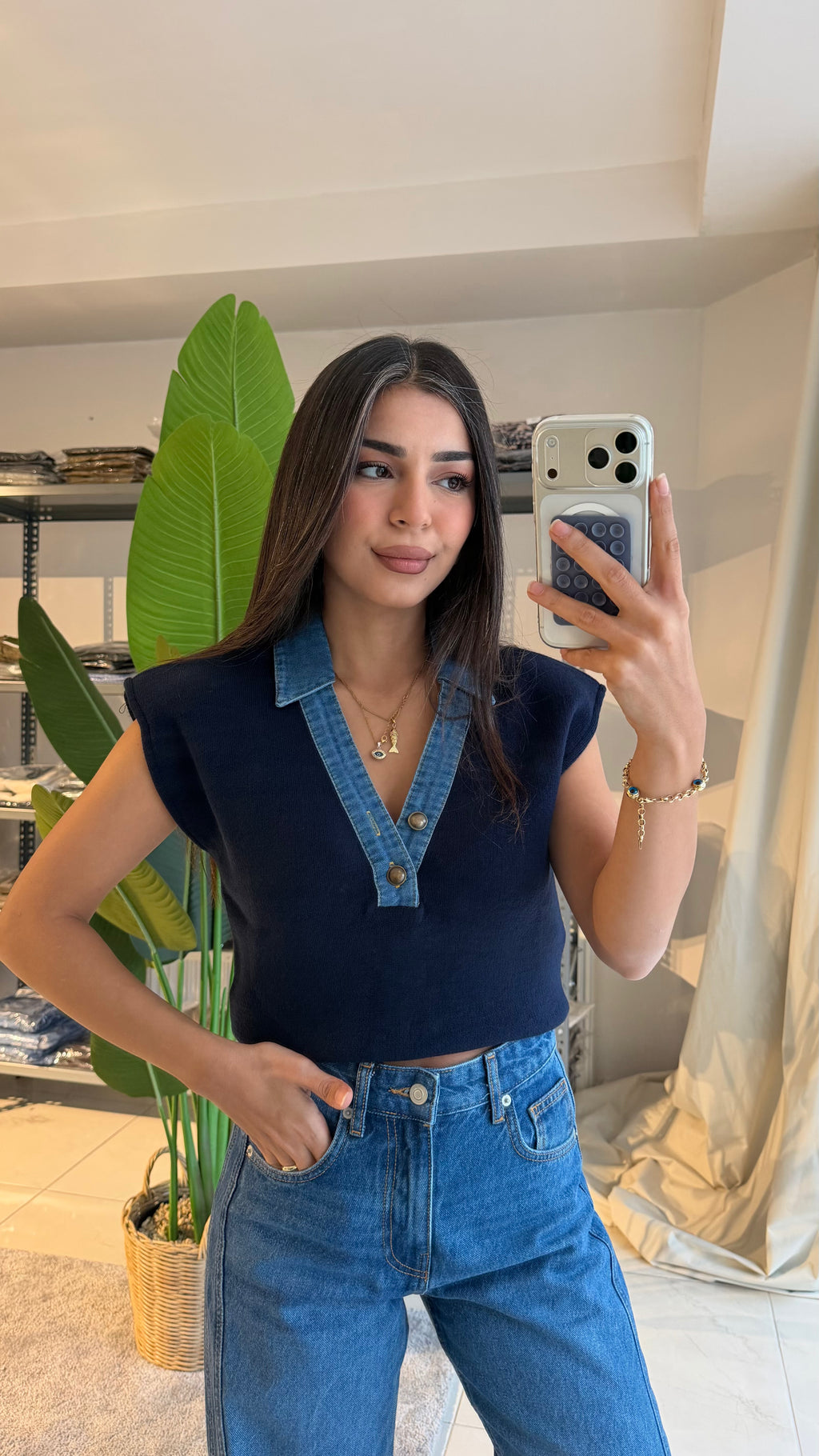 Vatkalı Denim Yaka Lacivert Triko