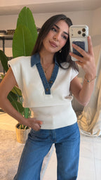 Vatkalı Denim Yaka Beyaz Triko