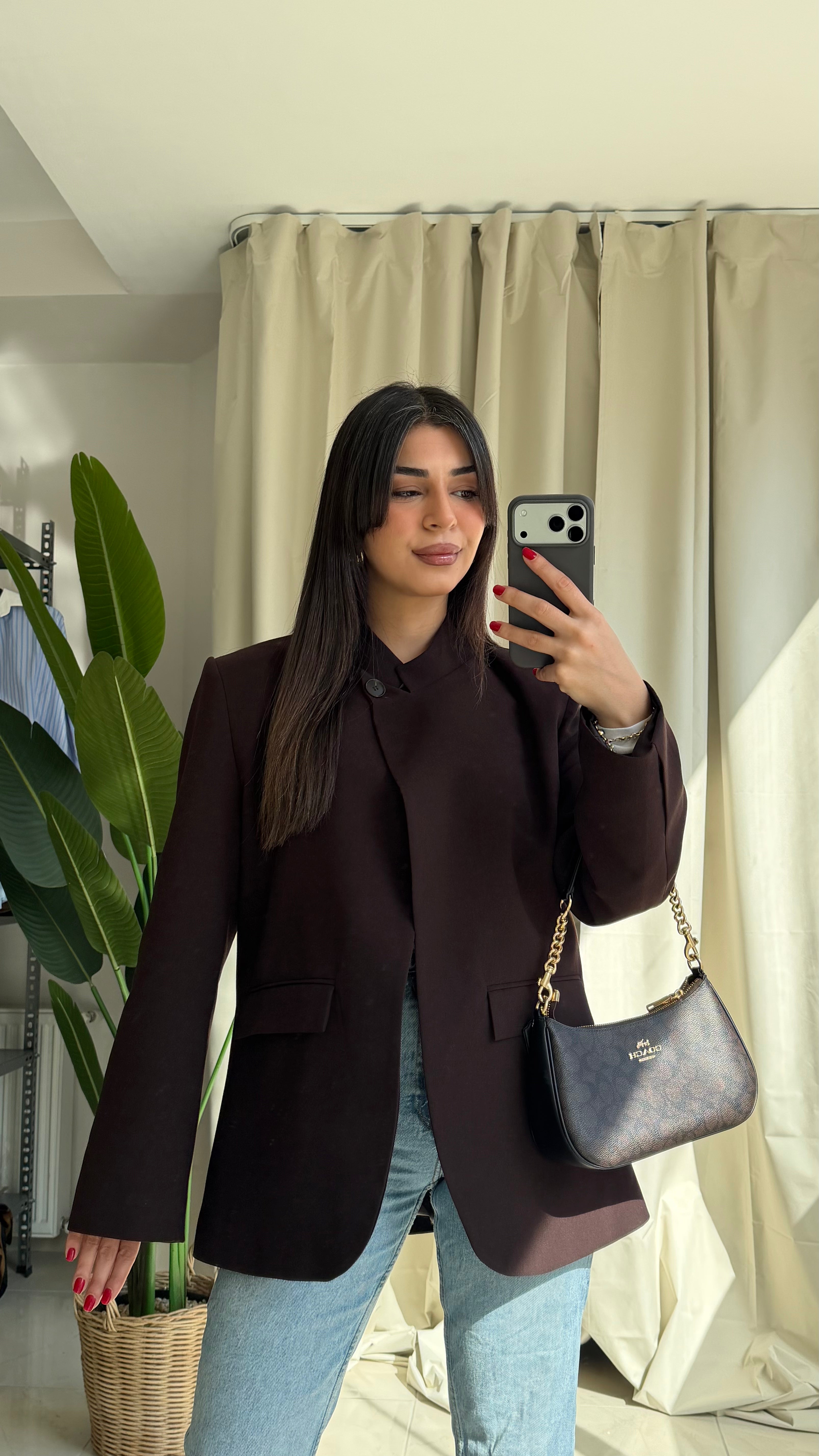 Koyu Kahve Tek Düğmeli Blazer Ceket