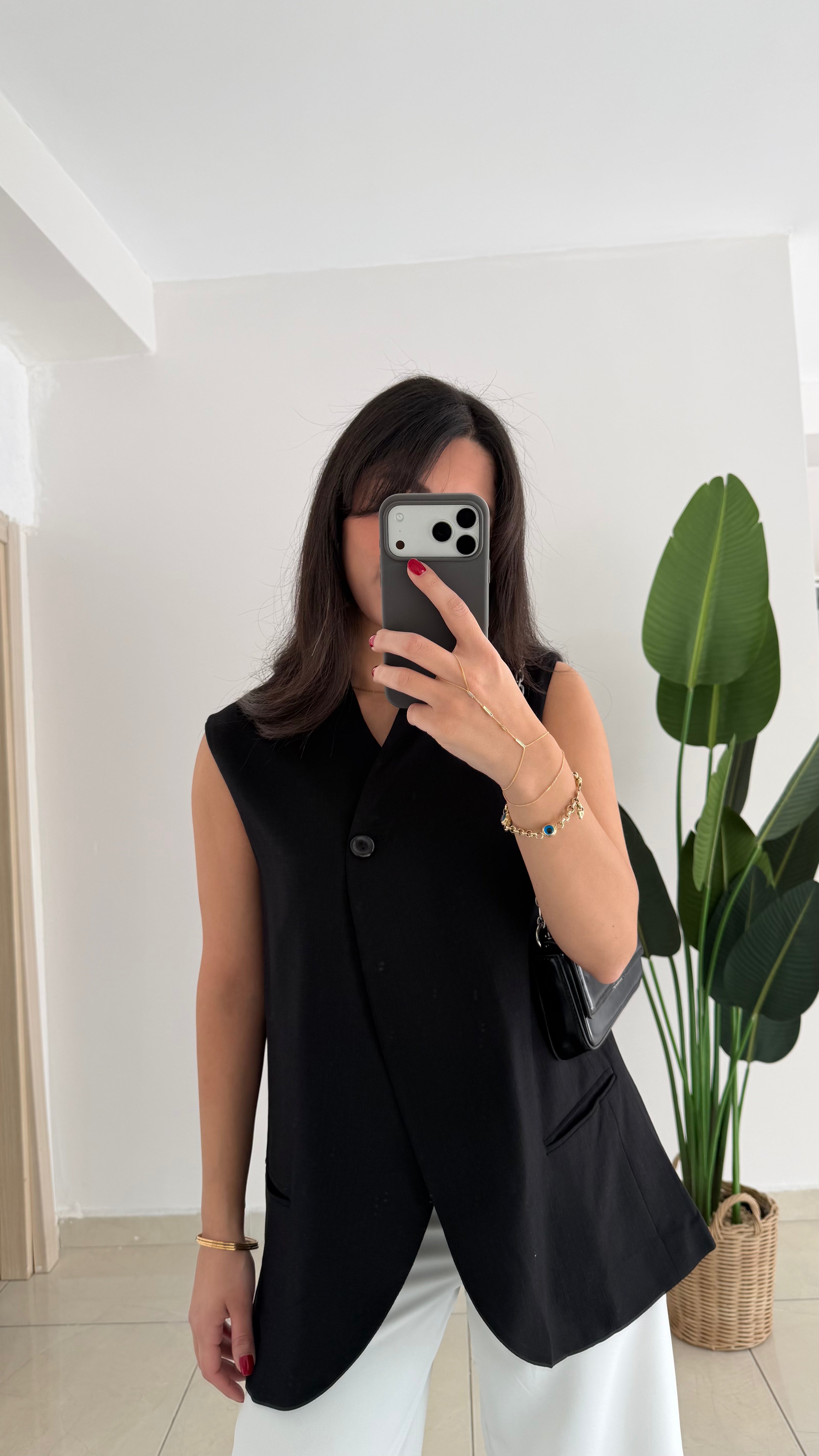 Kruvaze Düğmeli Keten Yelek