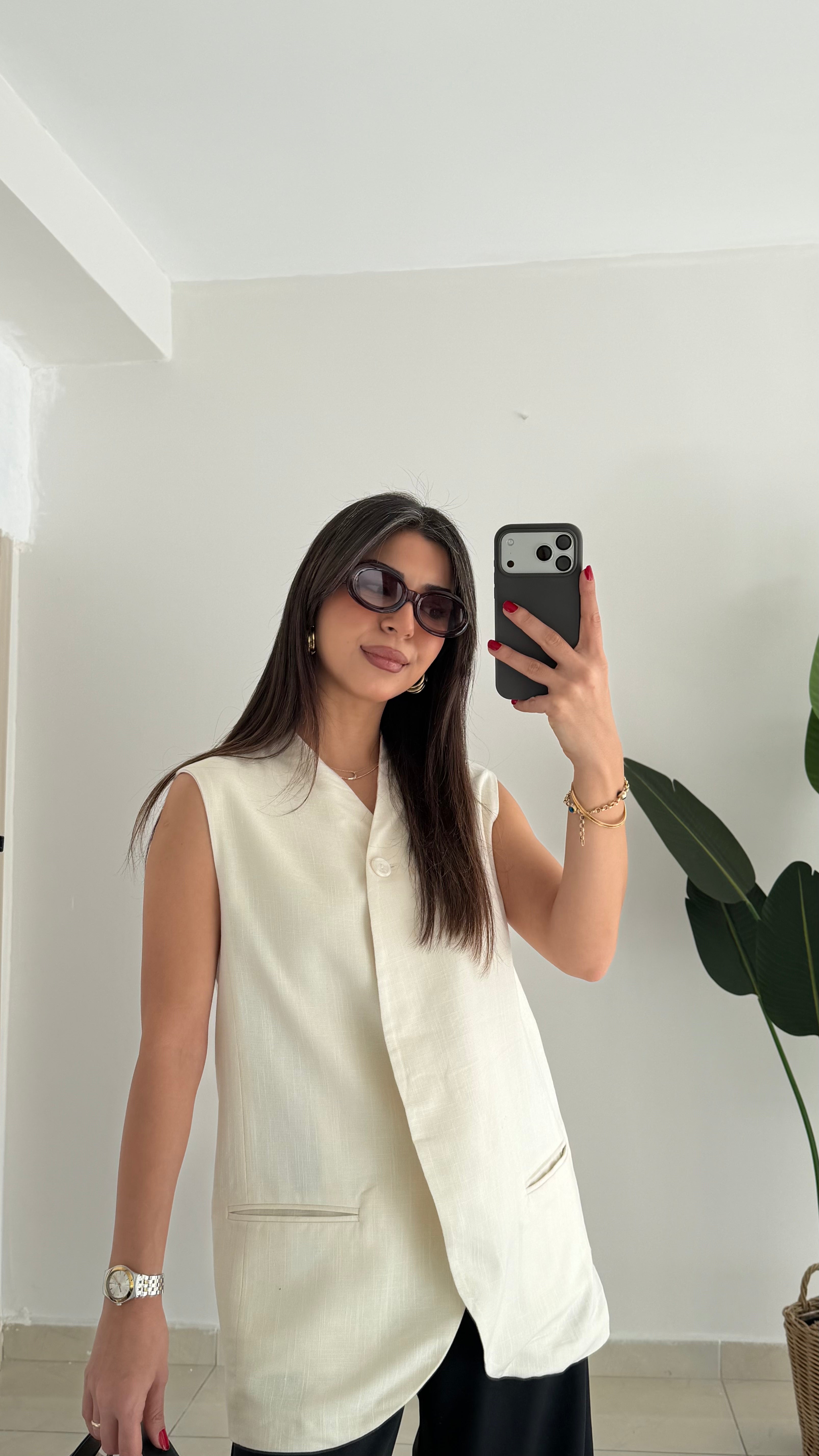 Kruvaze Düğmeli Keten Yelek