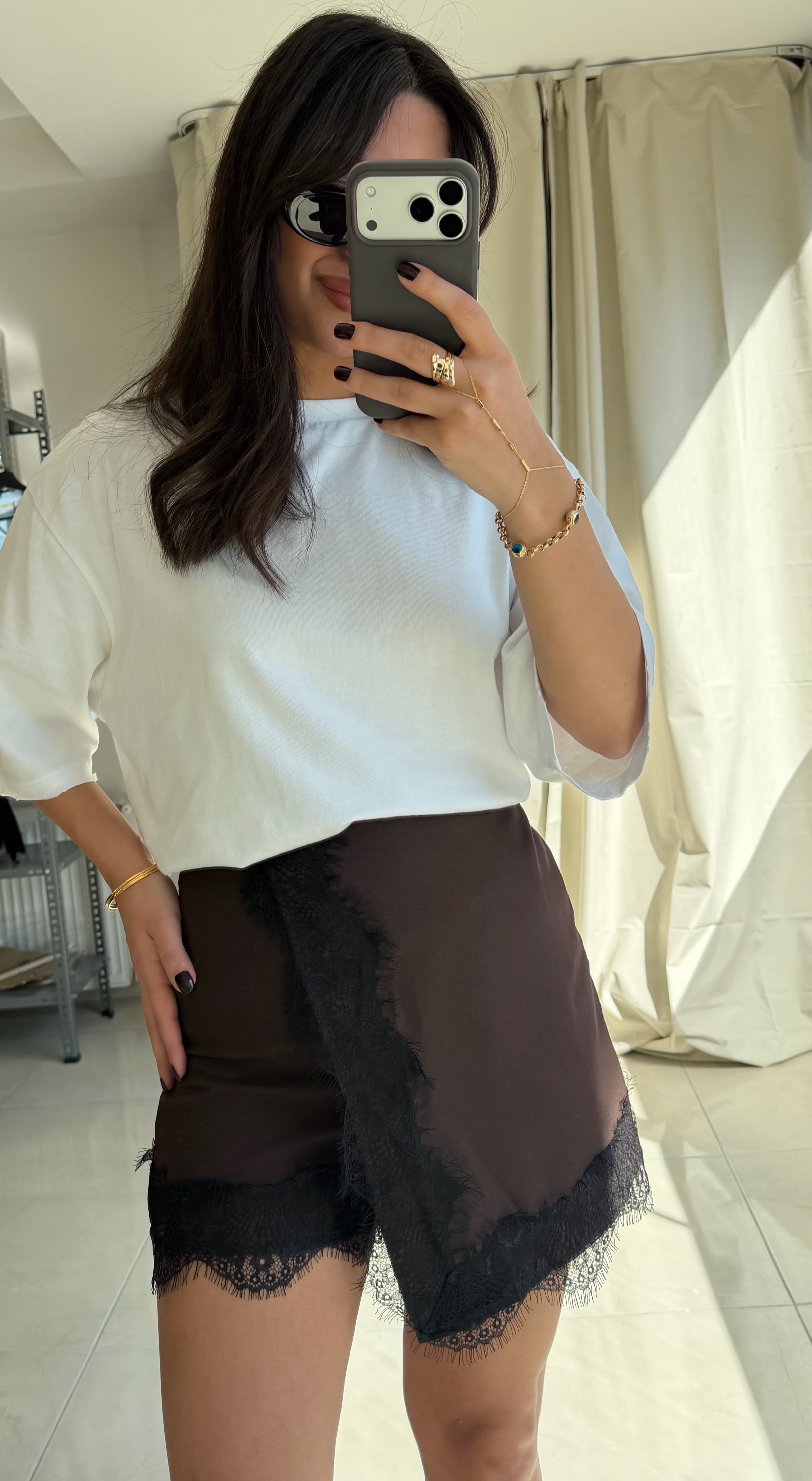 Kahverengi Dantelli Şort Etek