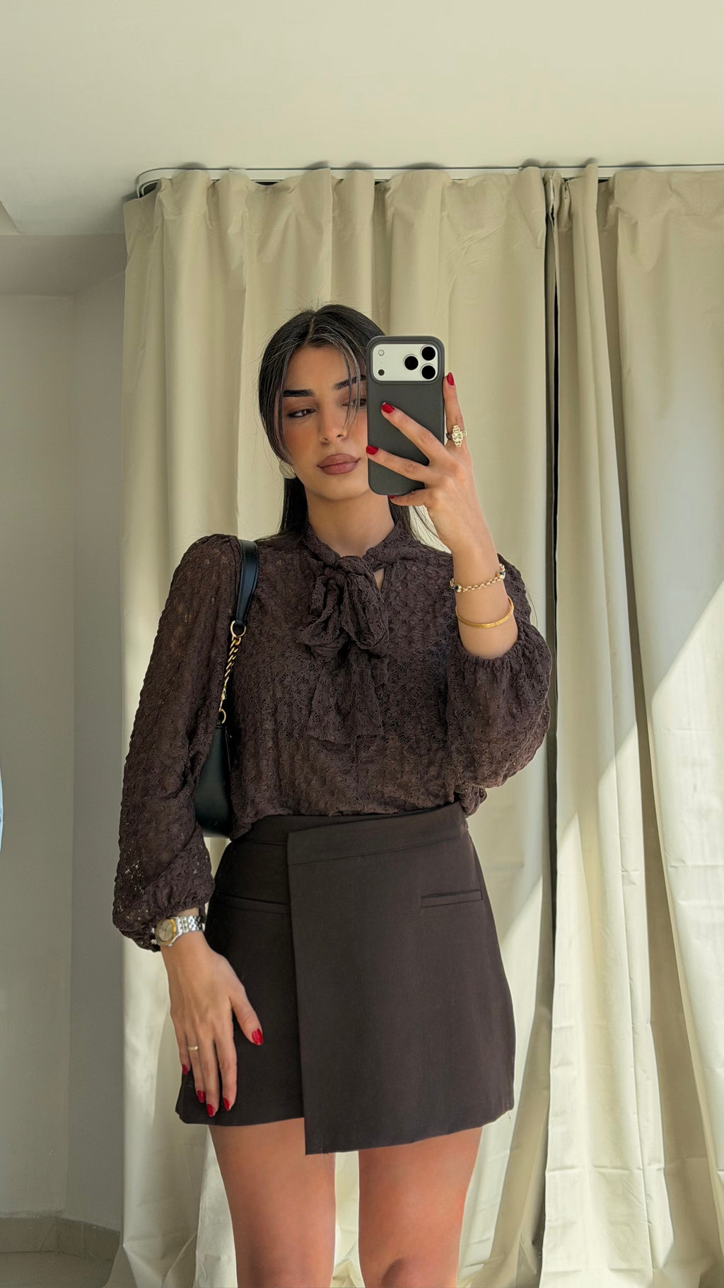 Kahverengi Dantelli Bağlamalı Bluz