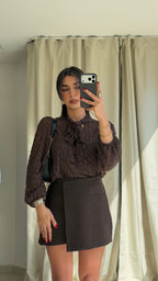 Kahverengi Dantelli Bağlamalı Bluz