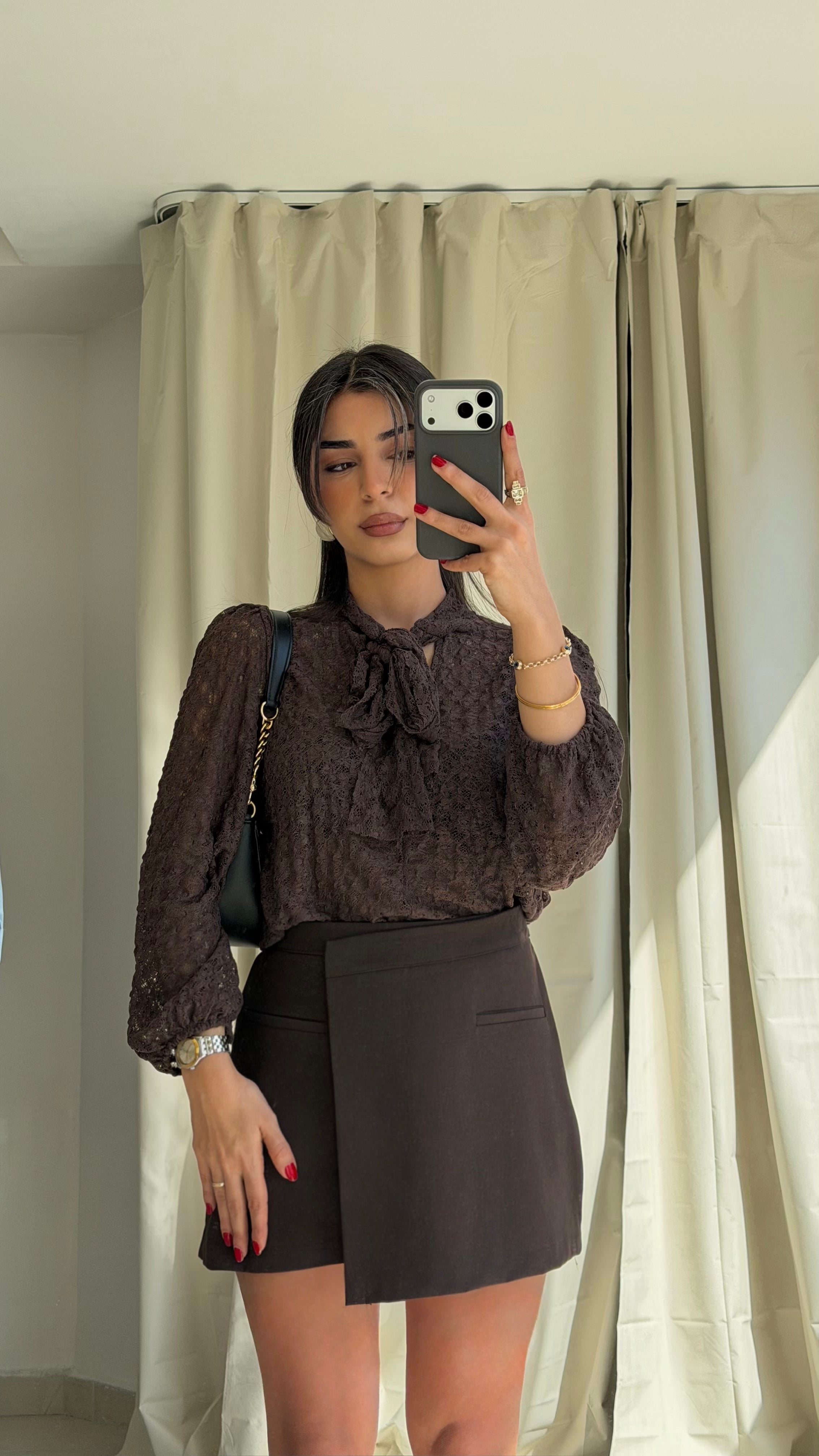 Kahverengi Dantelli Bağlamalı Bluz