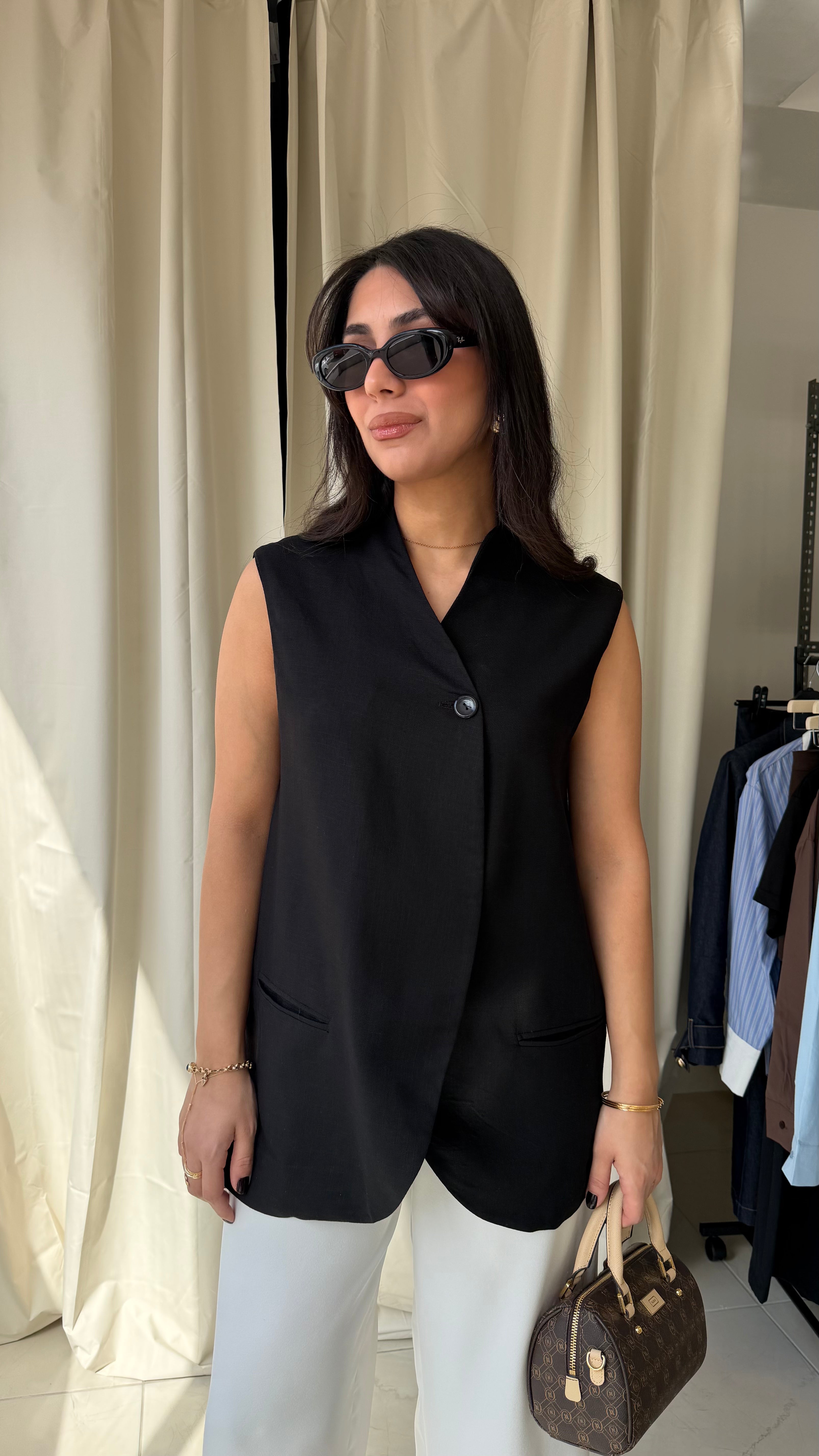 Kruvaze Düğmeli Keten Yelek