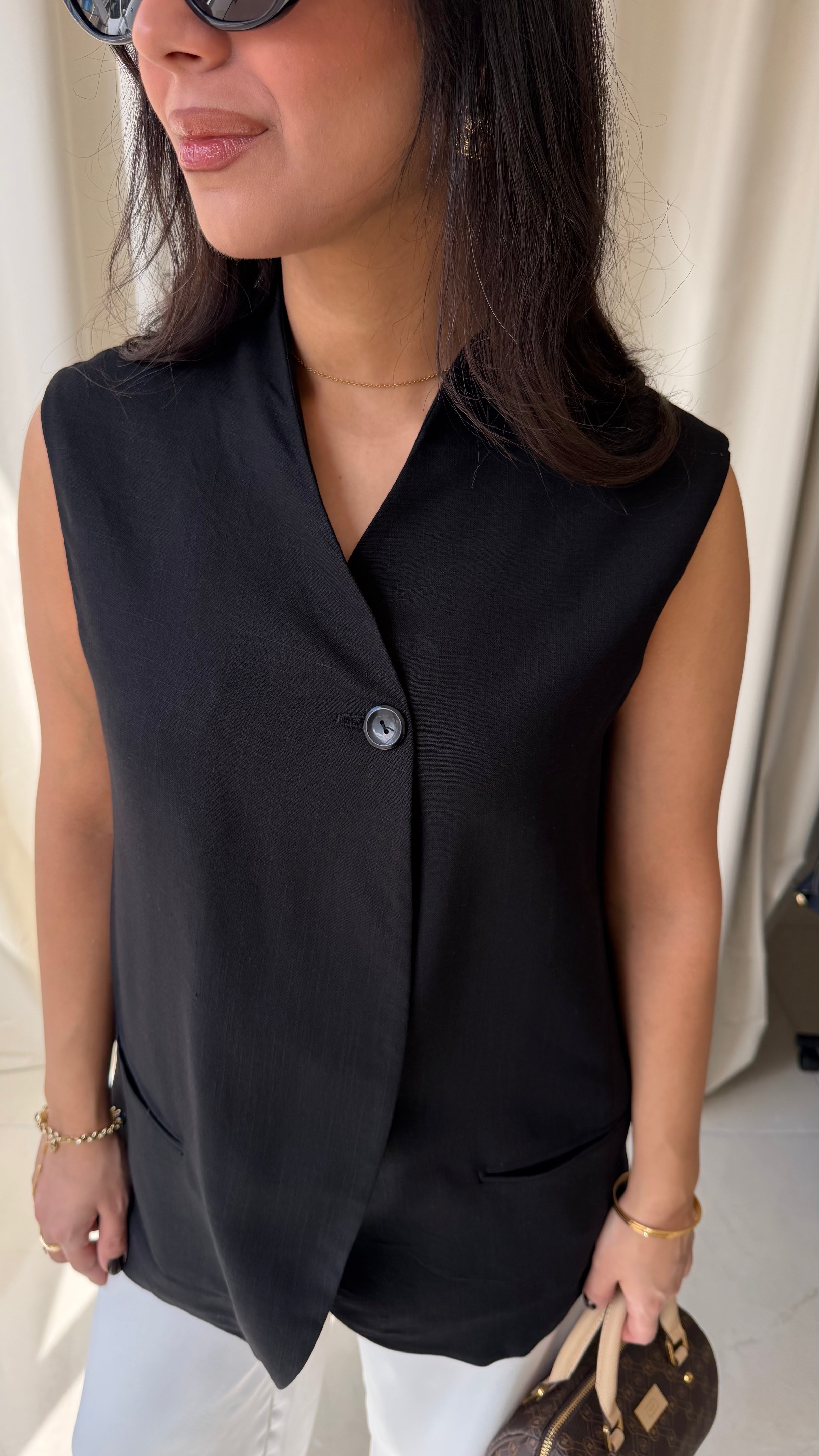 Kruvaze Düğmeli Keten Yelek