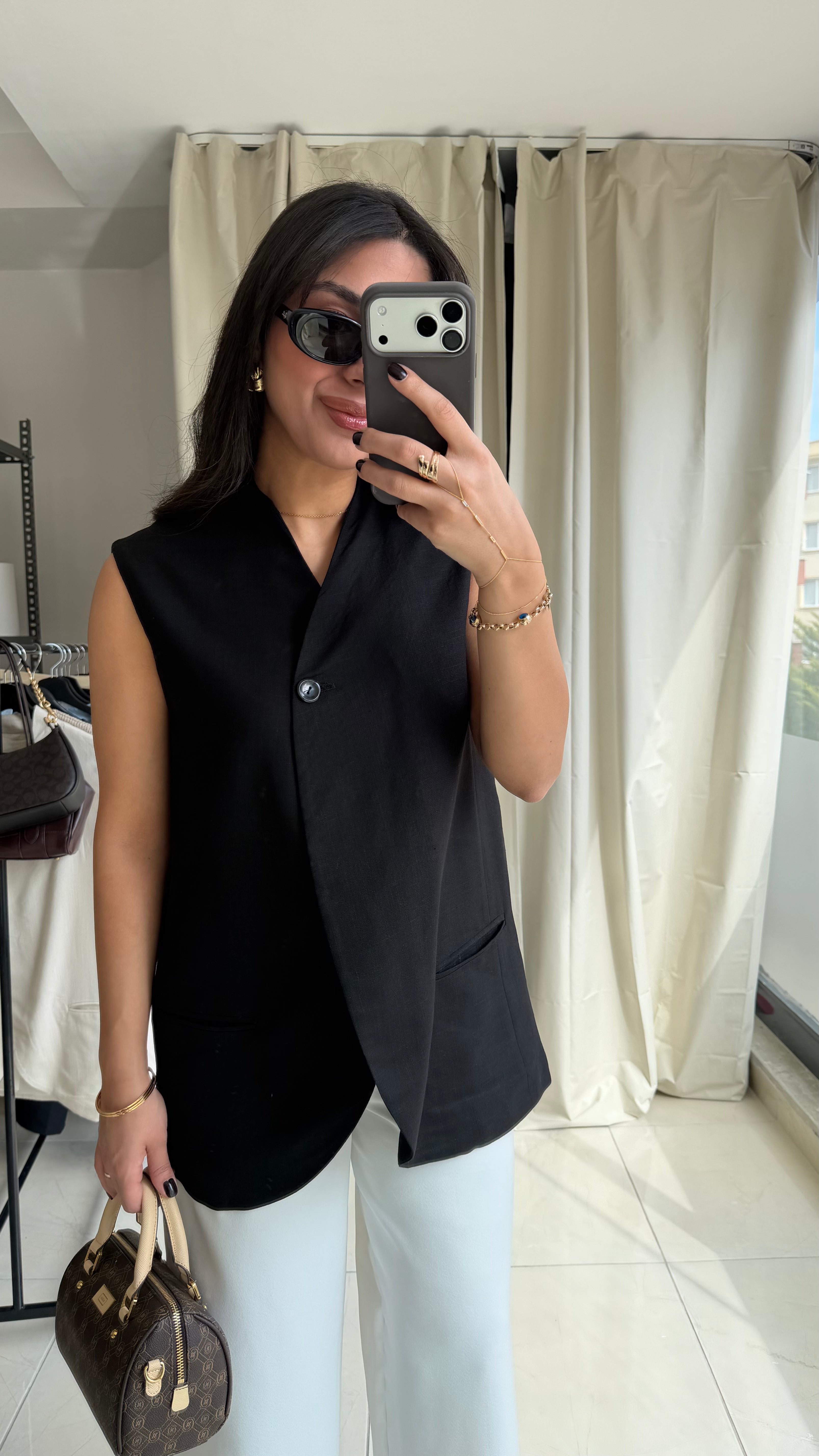 Kruvaze Düğmeli Keten Yelek