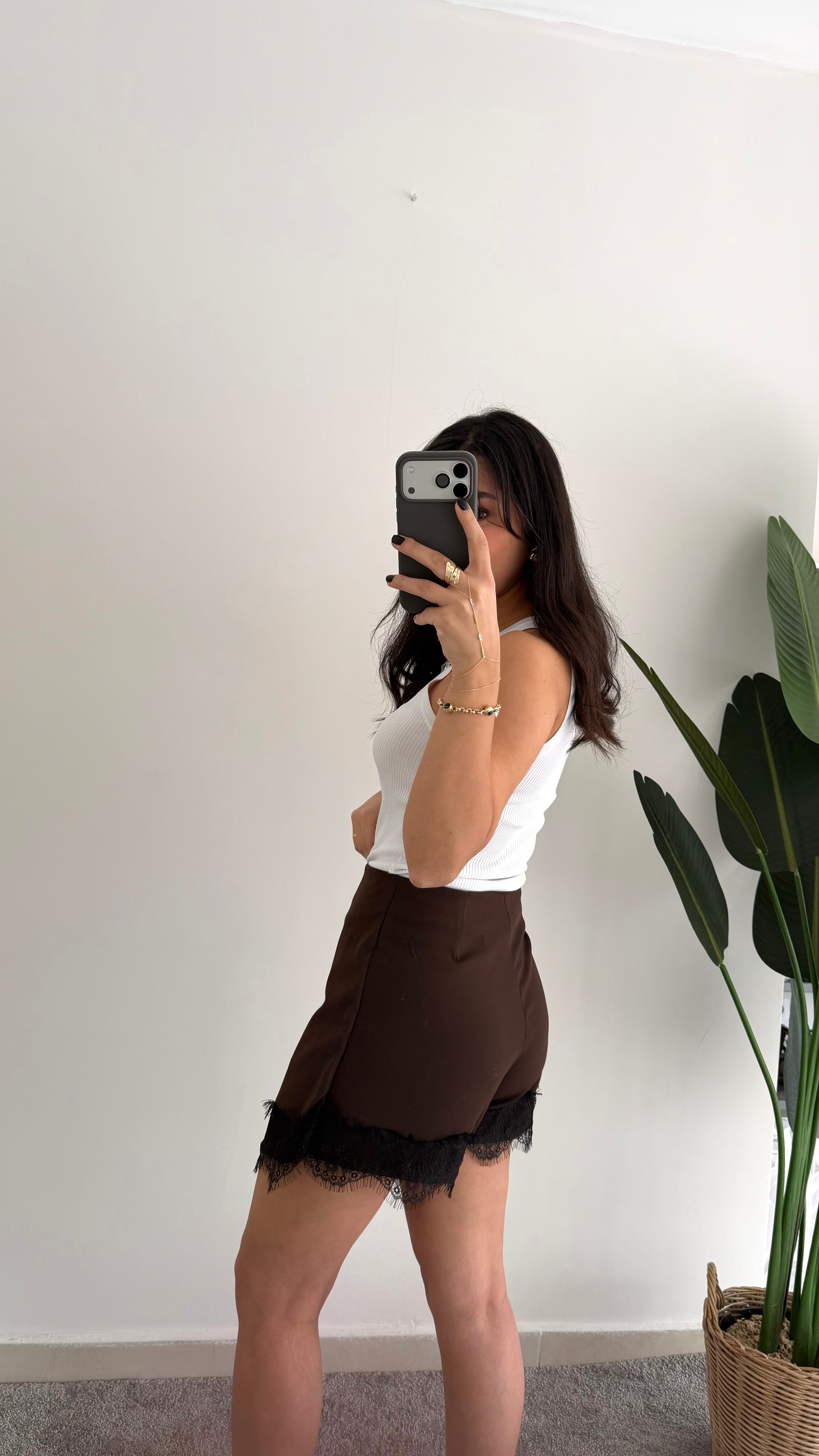 Kahverengi Dantelli Şort Etek