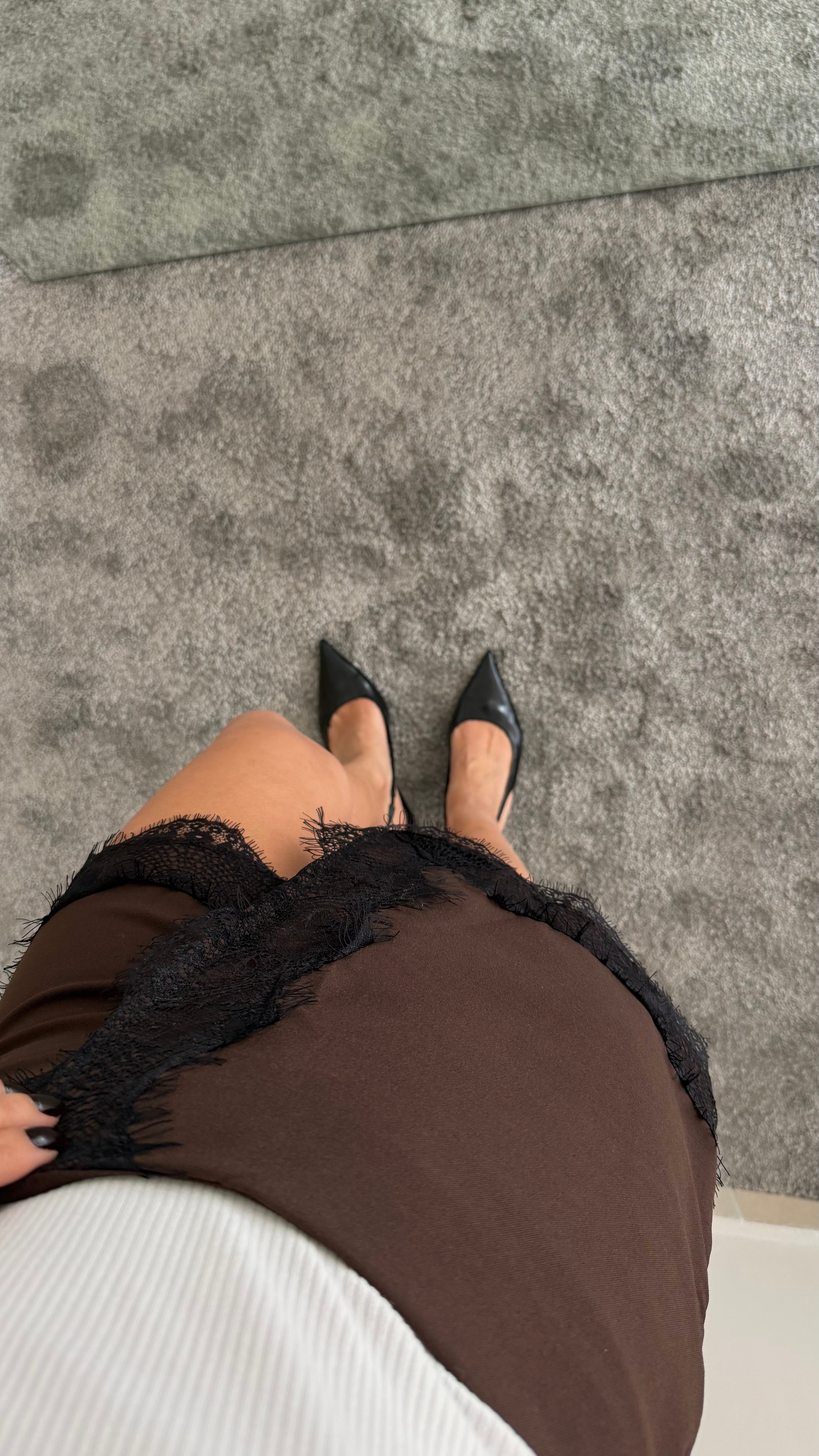 Kahverengi Dantelli Şort Etek