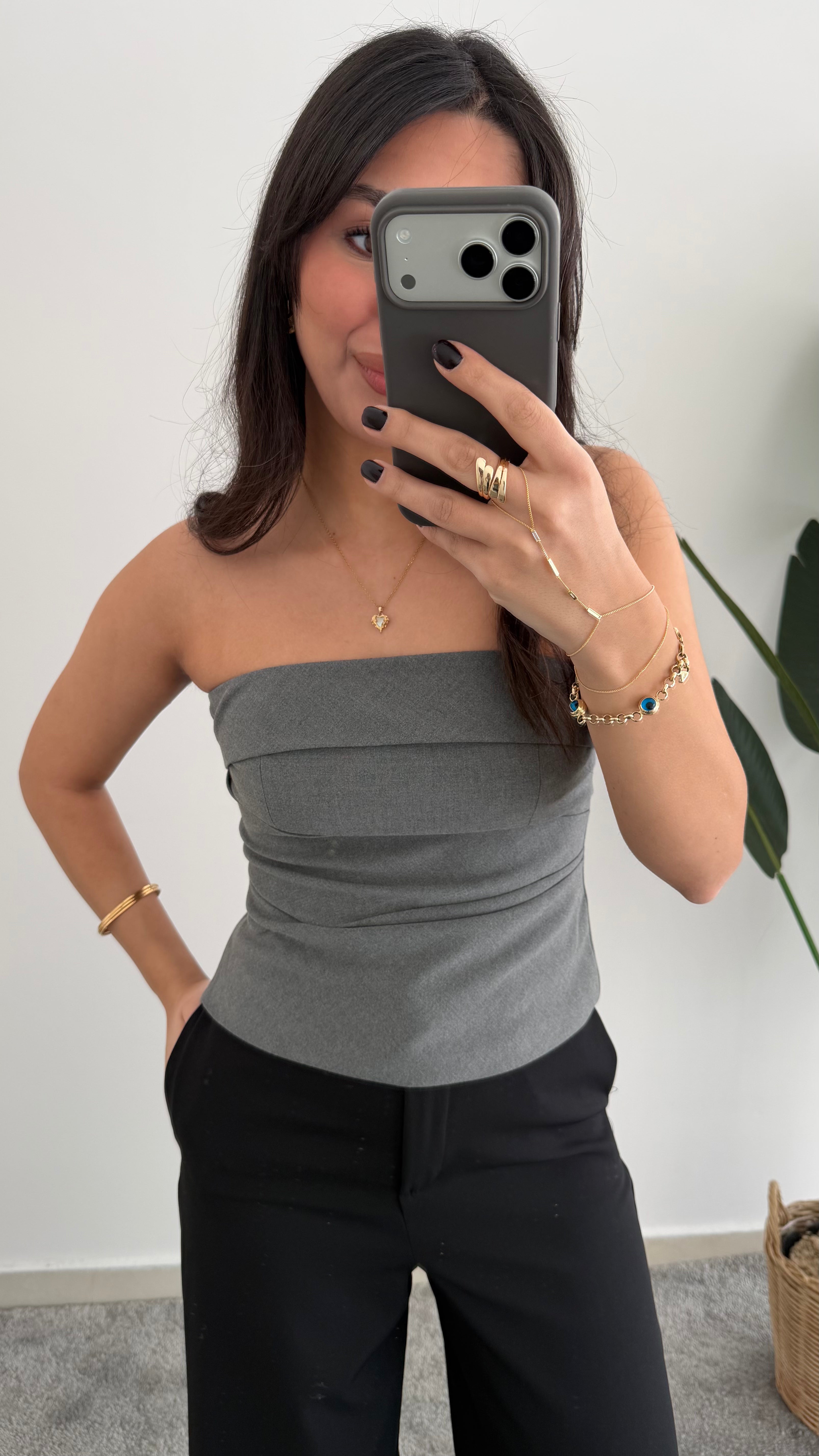 Gri Drapeli Straplez Büstiyer