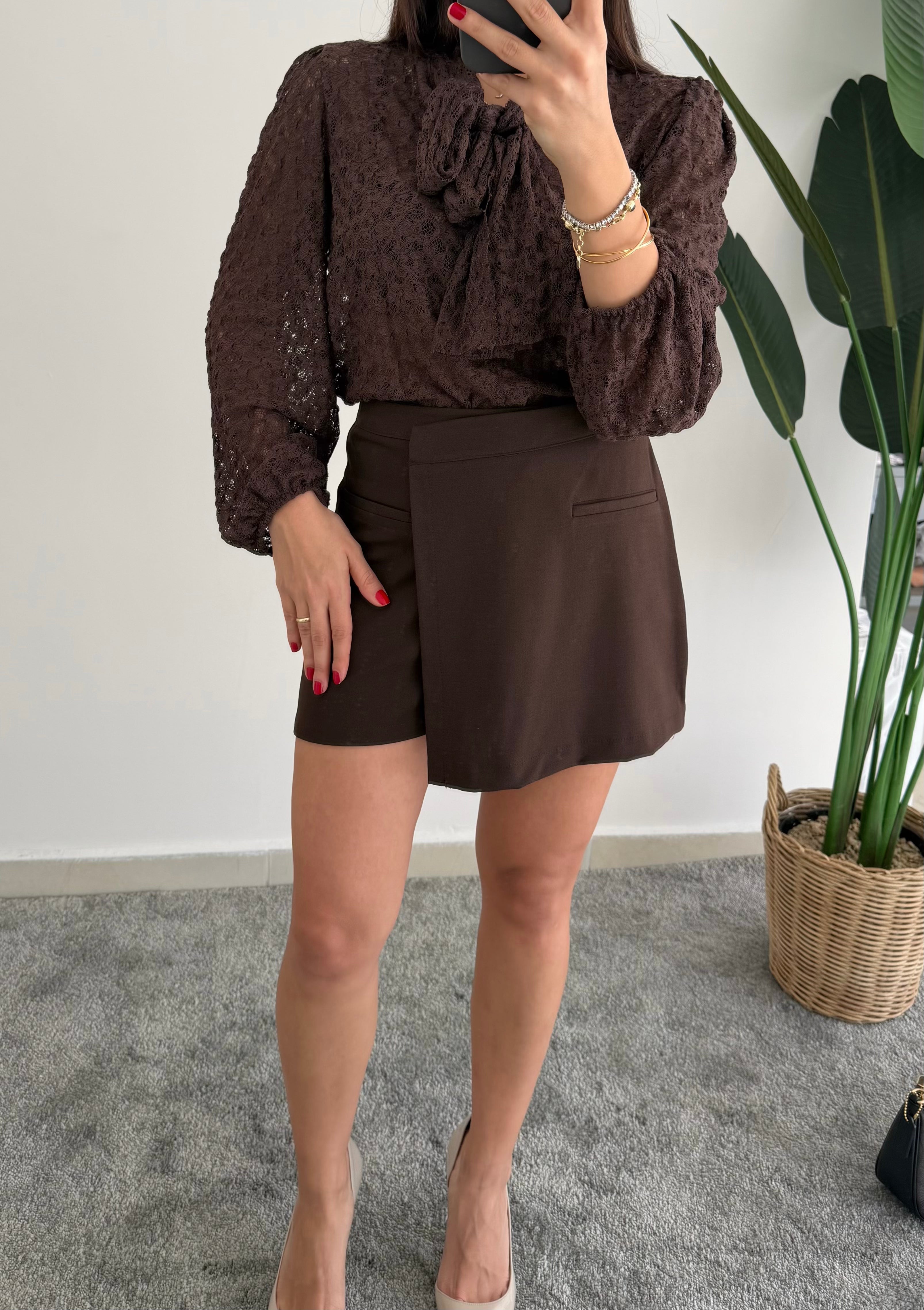 Kahverengi Kumaş Şort Etek