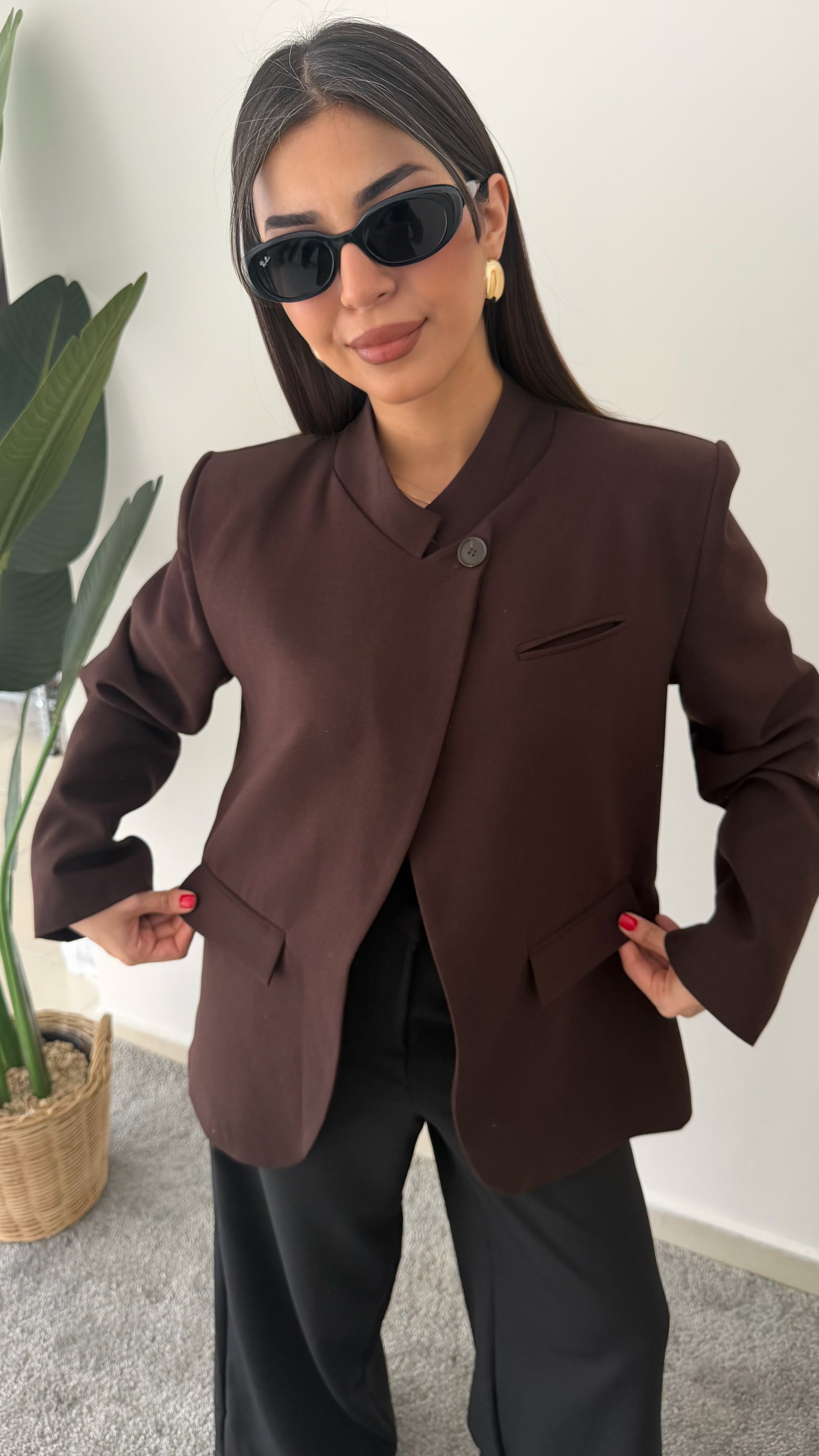 Koyu Kahve Tek Düğmeli Blazer Ceket