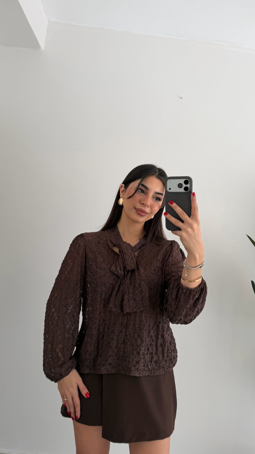 Kahverengi Dantelli Bağlamalı Bluz