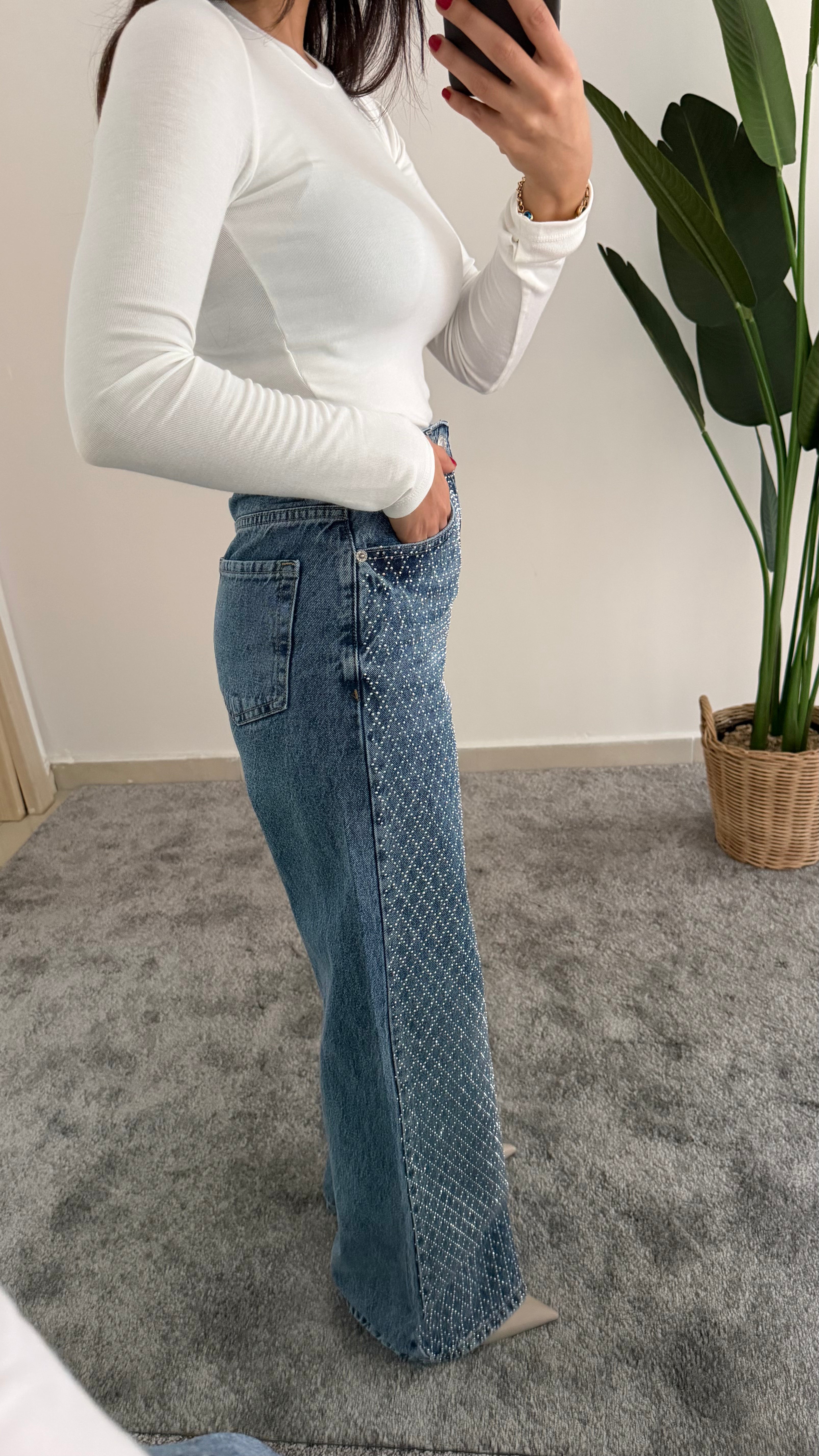 Taşlı Sık Baklava Desenli Jean