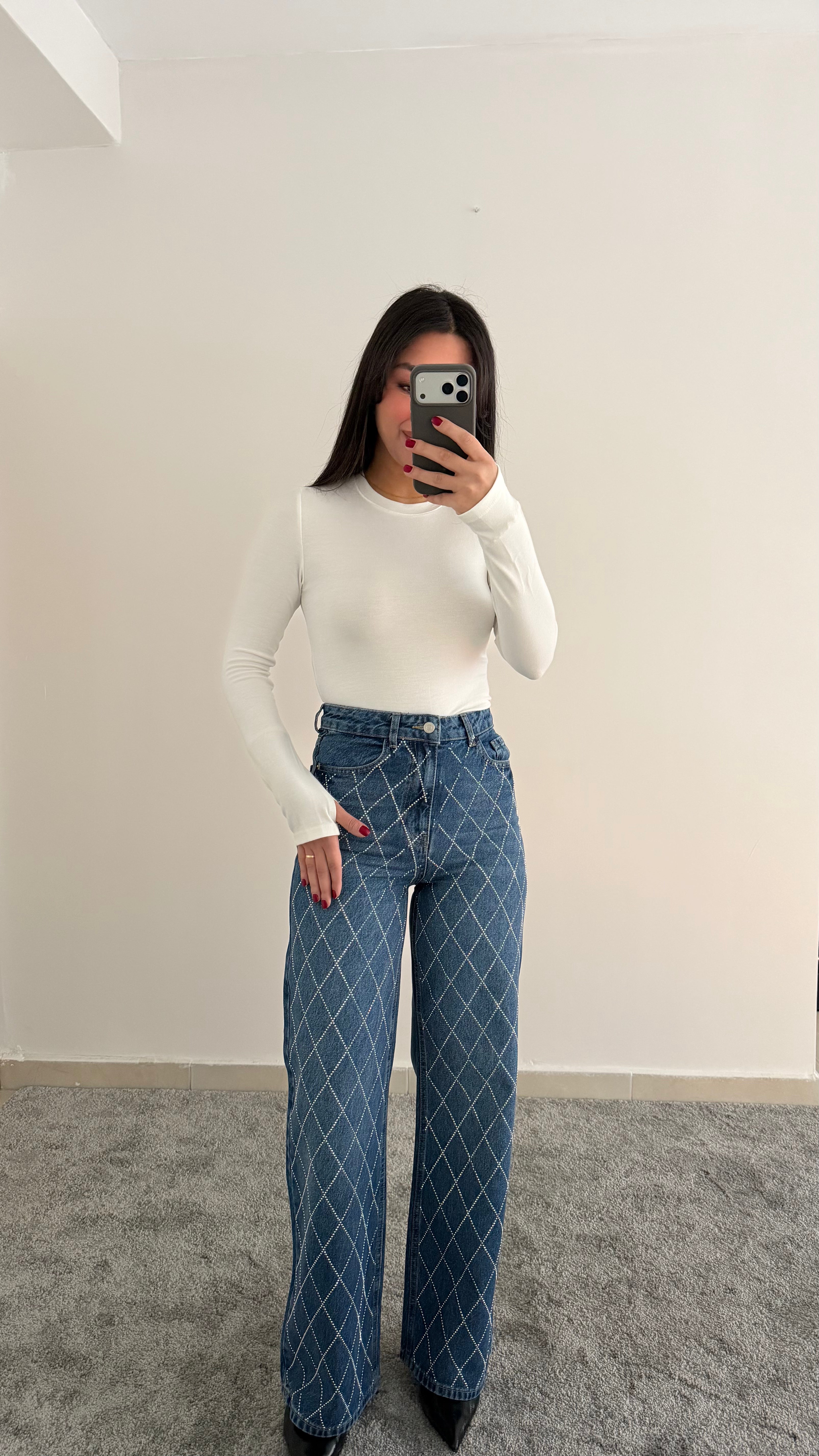 Taş Baklava Desenli Jean