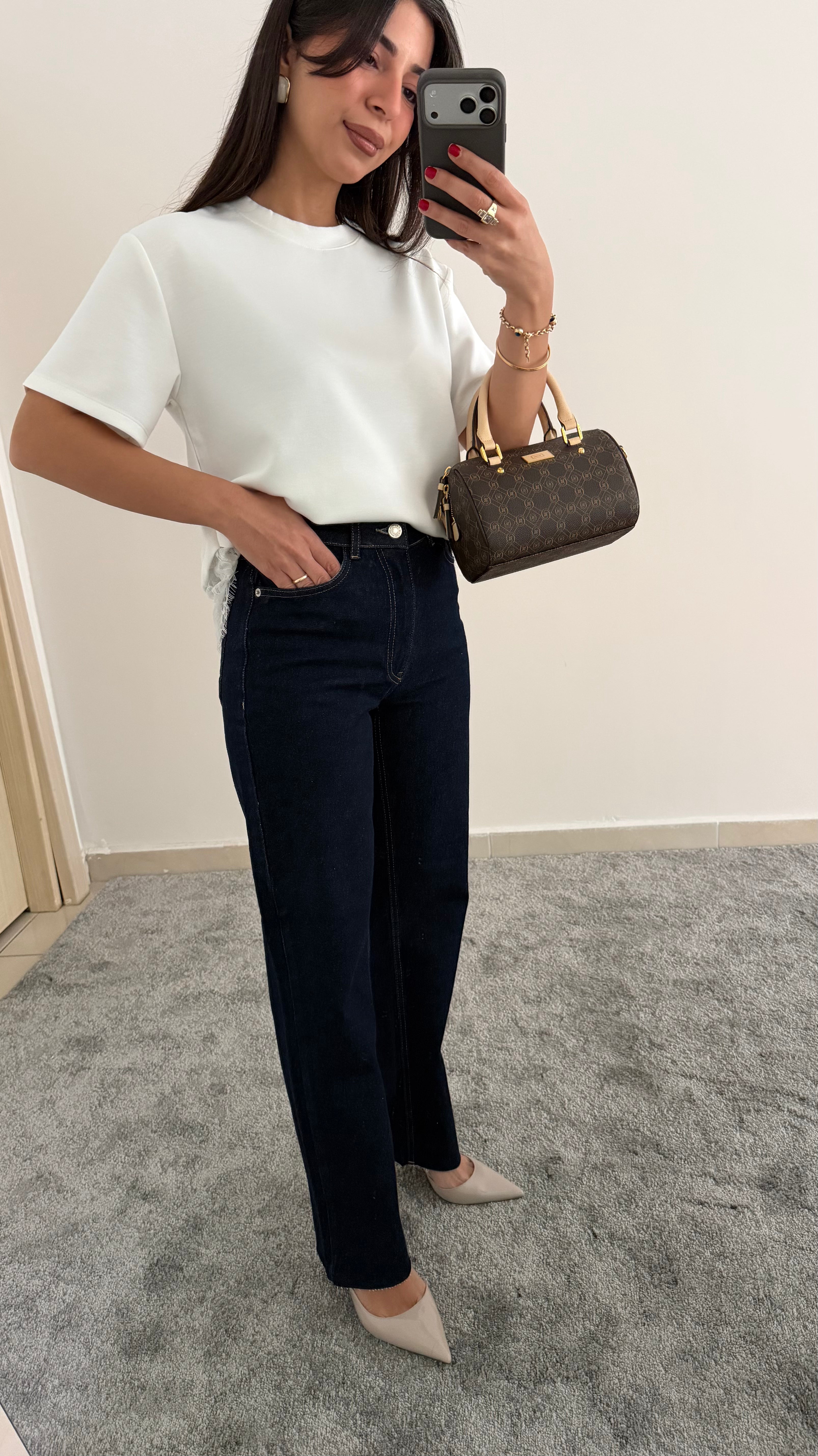 Lacivert Kesik Paça Straight Jean