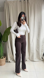 Kahverengi Yüksek Bel Şerit Jean