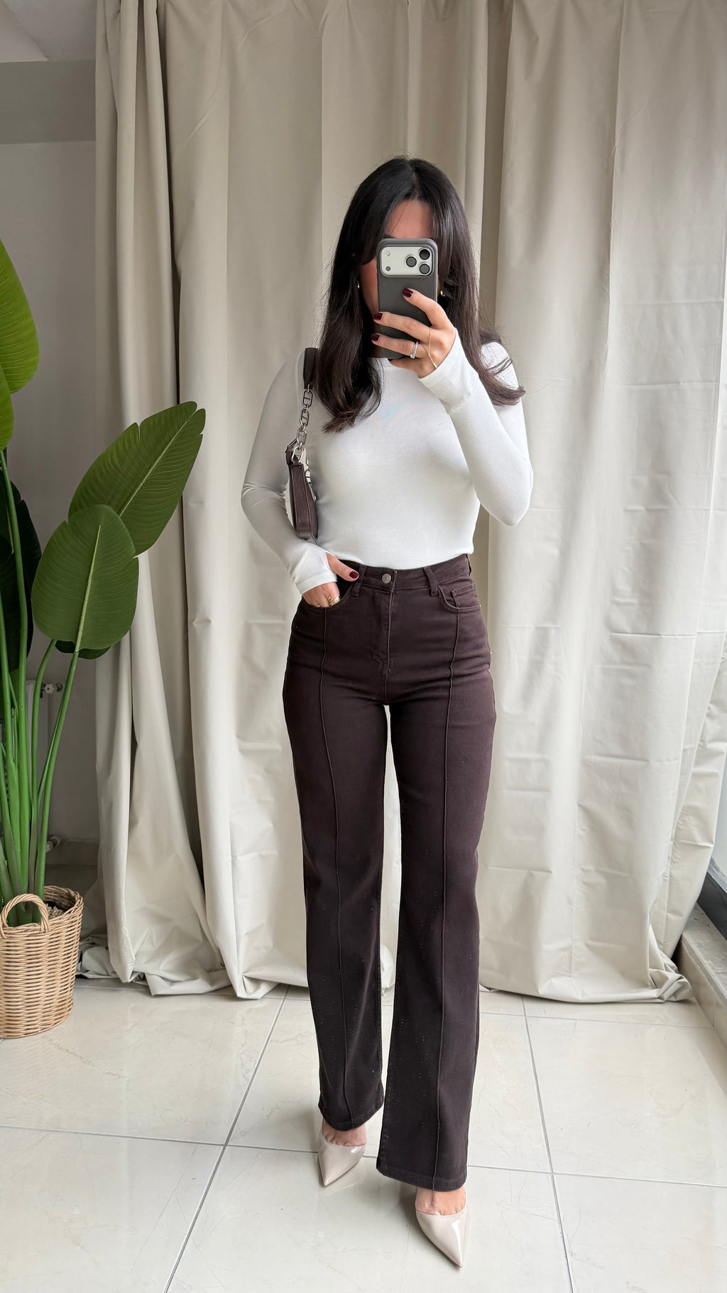 Kahverengi Yüksek Bel Şerit Jean