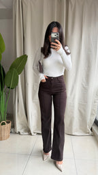 Kahverengi Yüksek Bel Şerit Jean