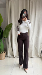 Kahverengi Yüksek Bel Şerit Jean