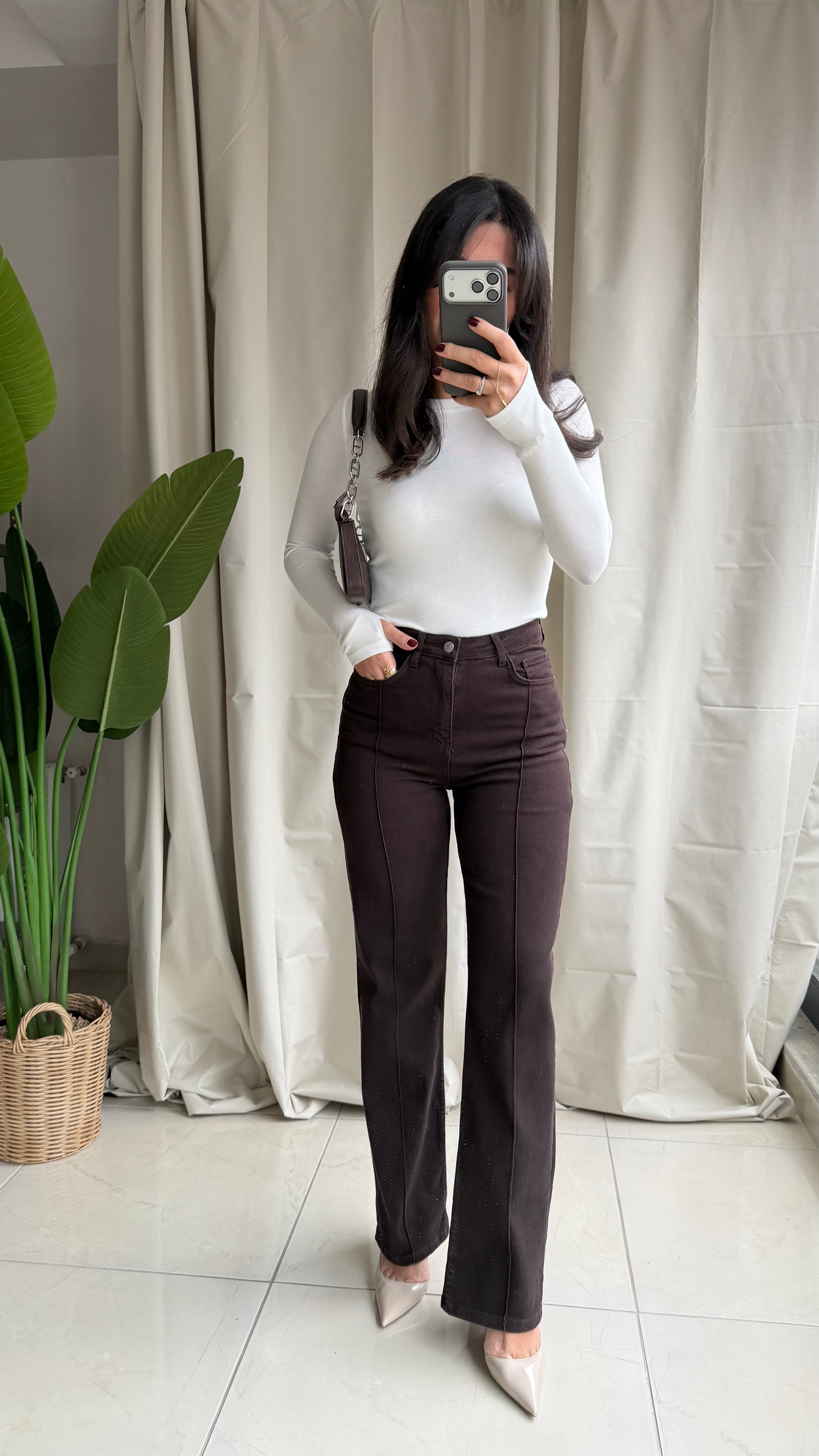 Kahverengi Yüksek Bel Şerit Jean