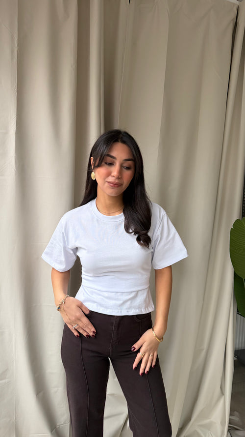 Beyaz Arkası İp Detay Basic Tişört