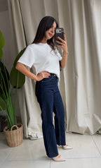 Lacivert Kesik Paça Straight Jean