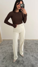 Beyaz Yüksel Bel Şerit Jean