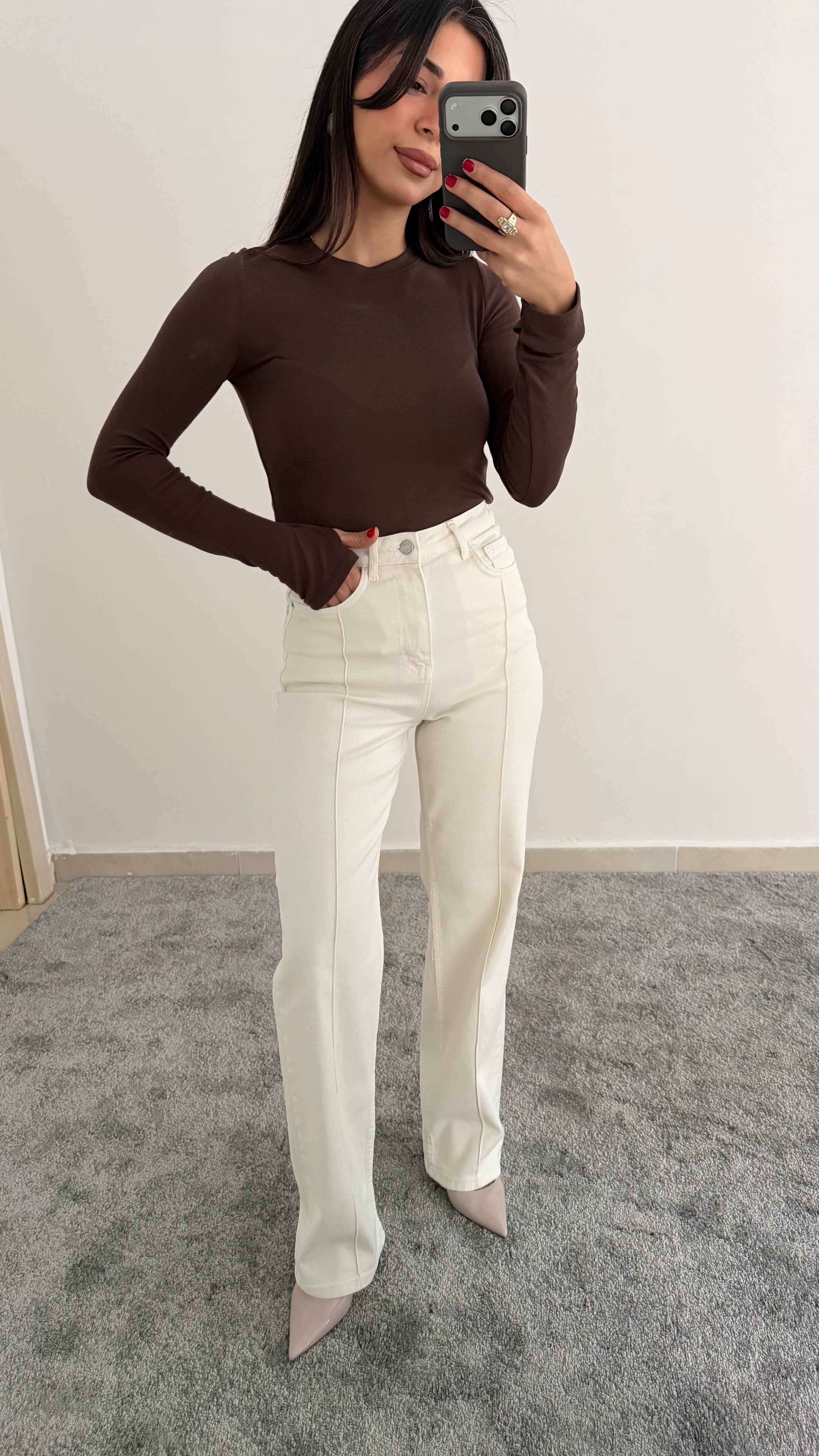 Beyaz Yüksel Bel Şerit Jean