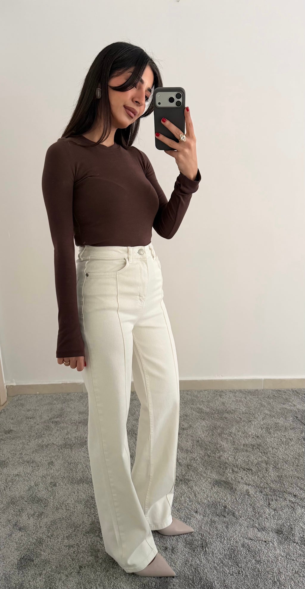 Beyaz Yüksel Bel Şerit Jean