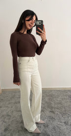 Beyaz Yüksel Bel Şerit Jean