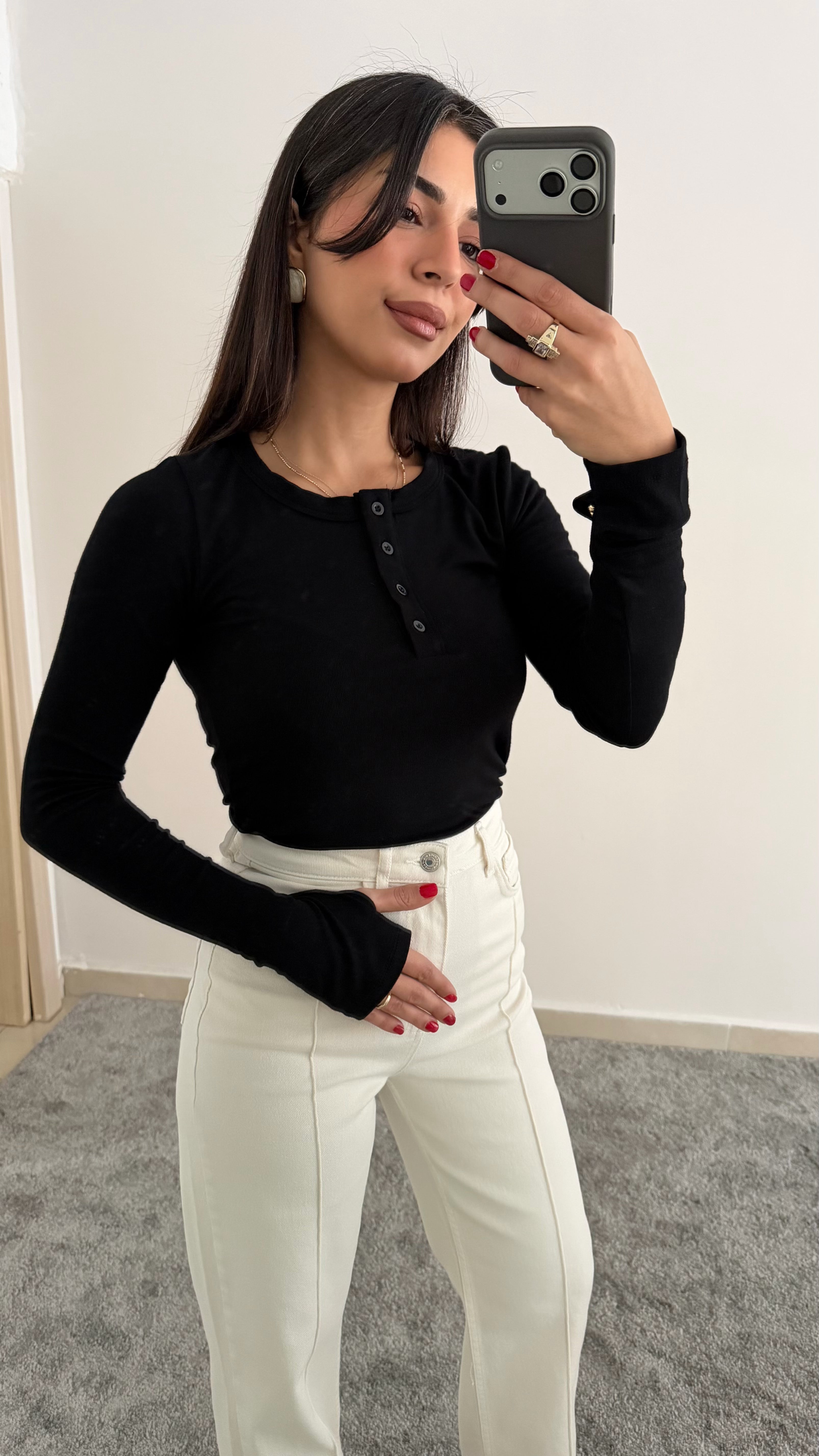 Siyah Uzun Kol Düğmeli Body