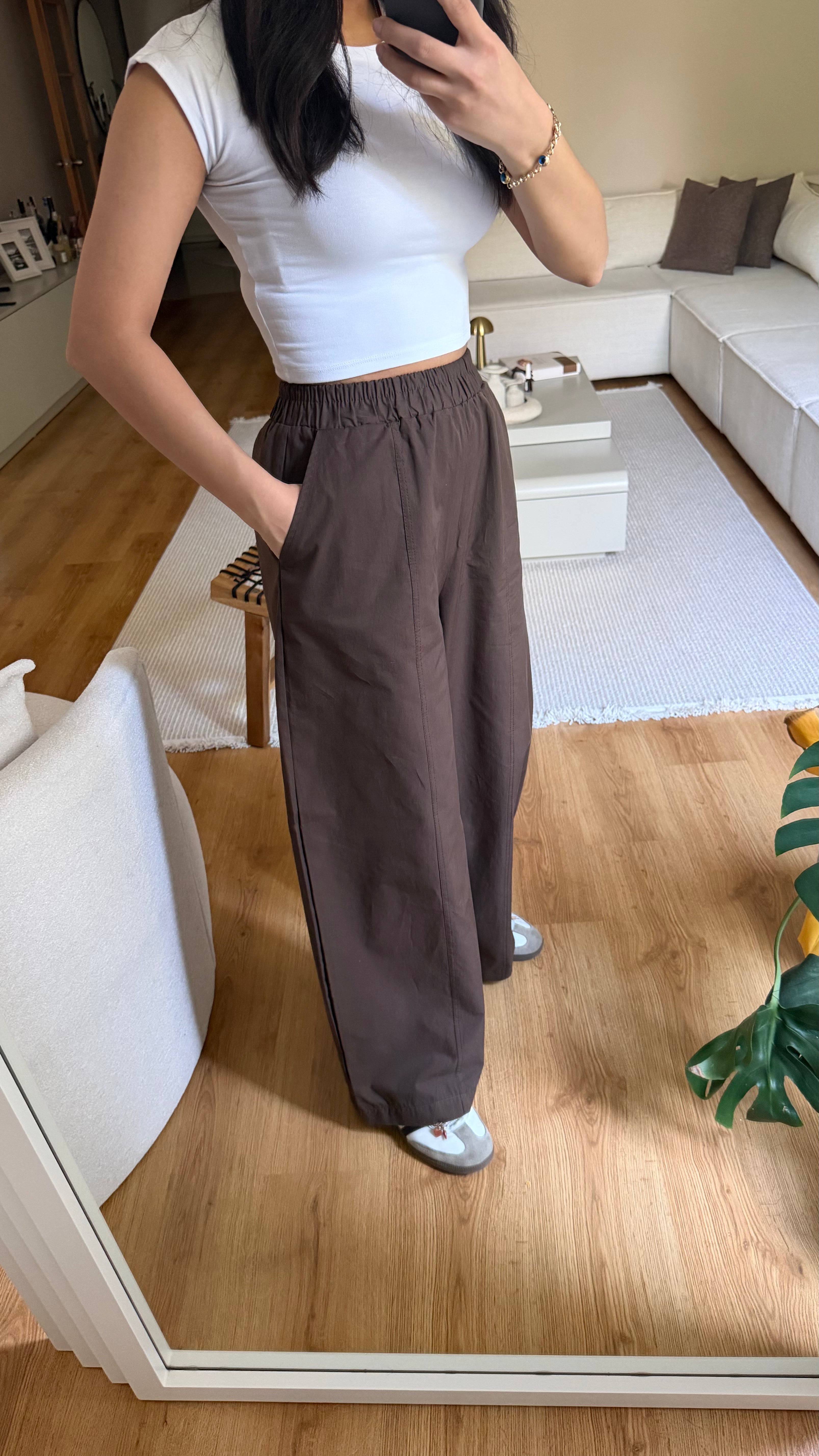 Kahverengi beli lastikli balon pantolon