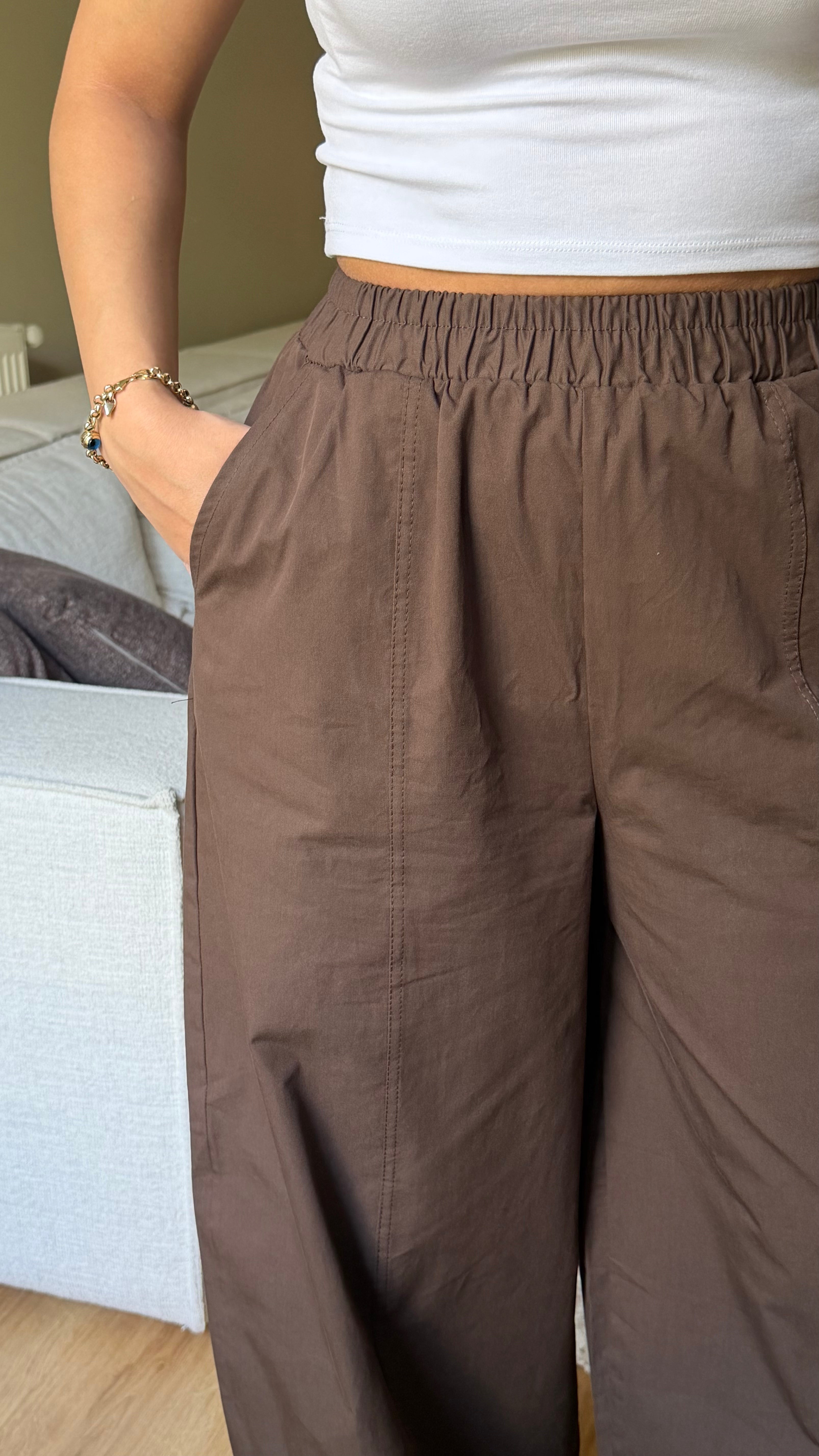 Kahverengi beli lastikli balon pantolon