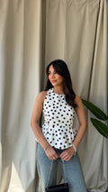 Beyaz puantiye desenli peplum bluz
