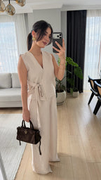 Bağlama Detaylı Tencel Takım -Ekru
