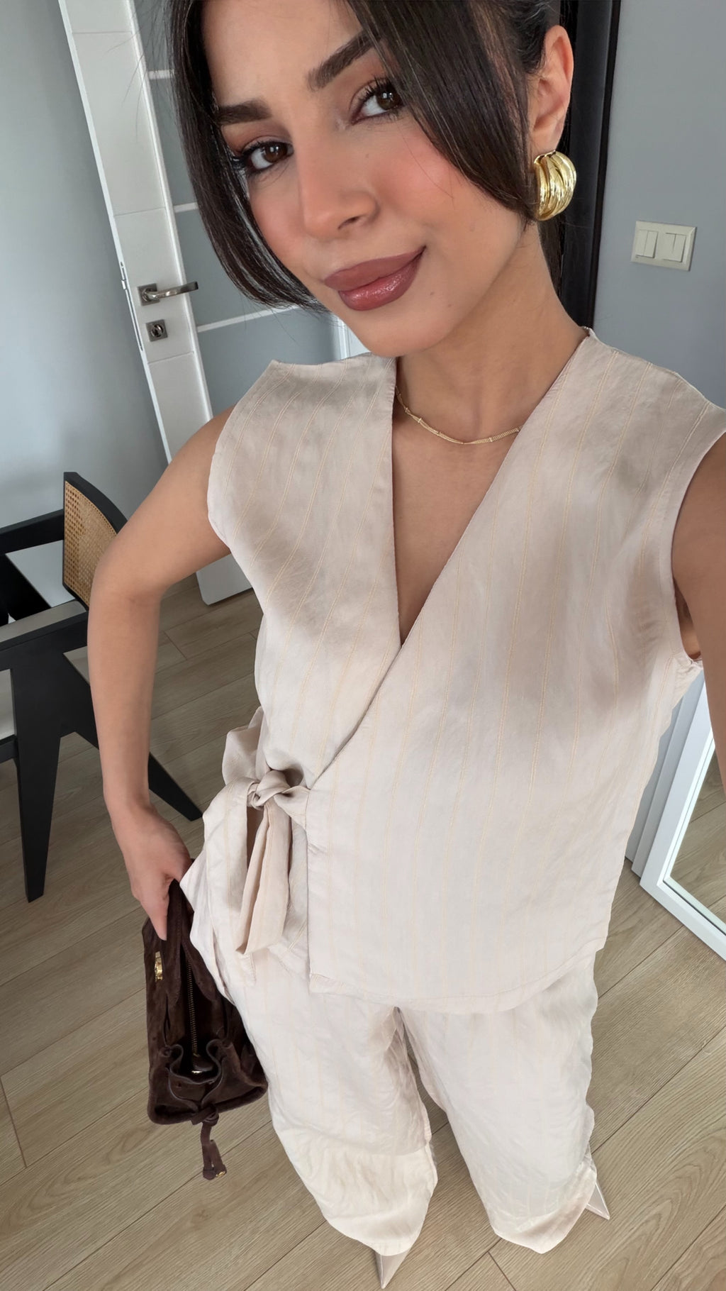 Bağlama Detaylı Tencel Takım -Ekru
