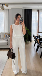 Beyaz Beli Lastikli Tencel Takım