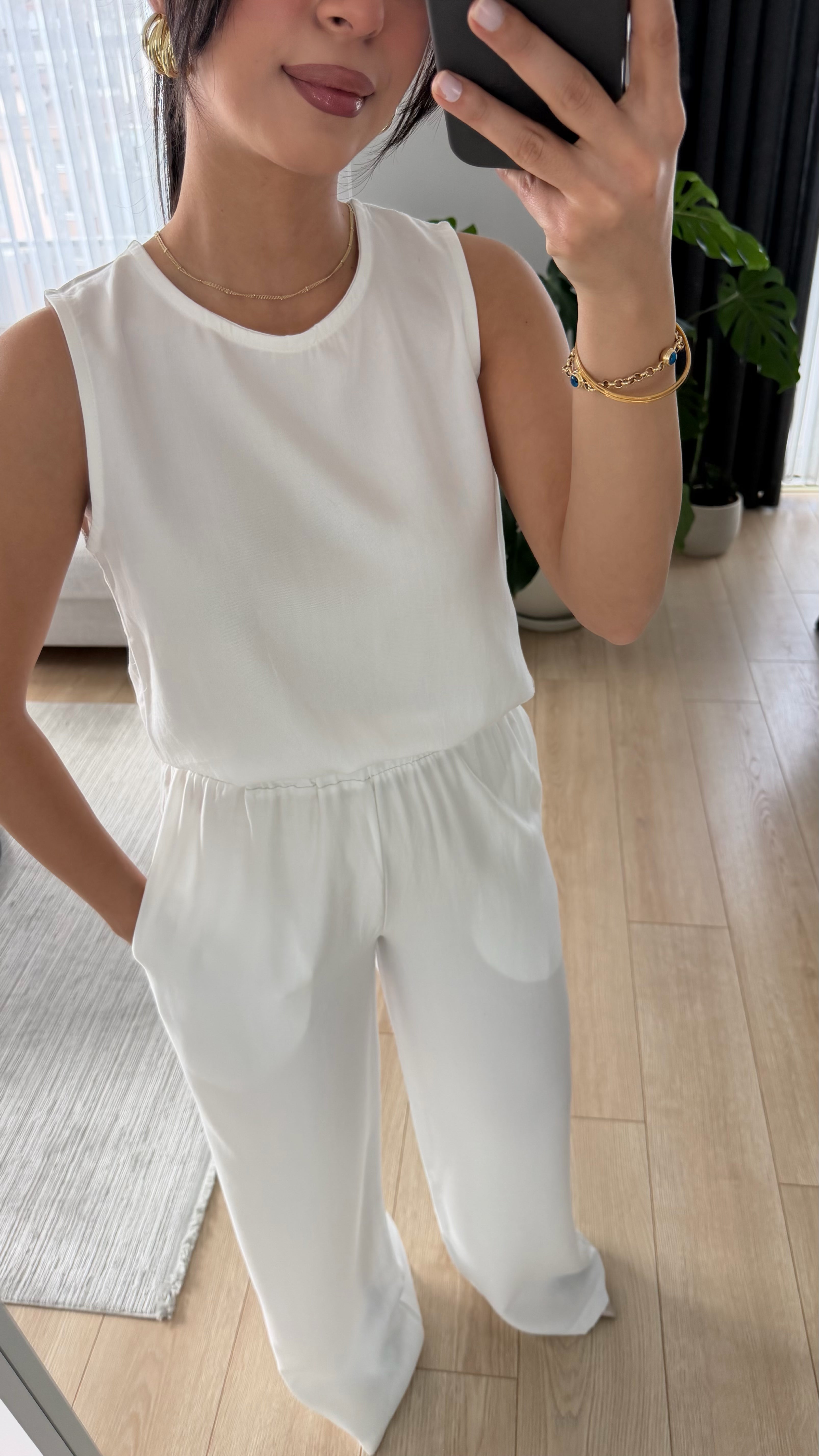 Beyaz Beli Lastikli Tencel Takım