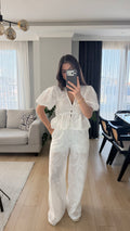 Beyaz Güpür Pantolon Bluz Takım
