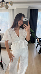 Beyaz Güpür Pantolon Bluz Takım