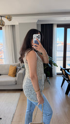 Işıltılı File Bluz- Ekru