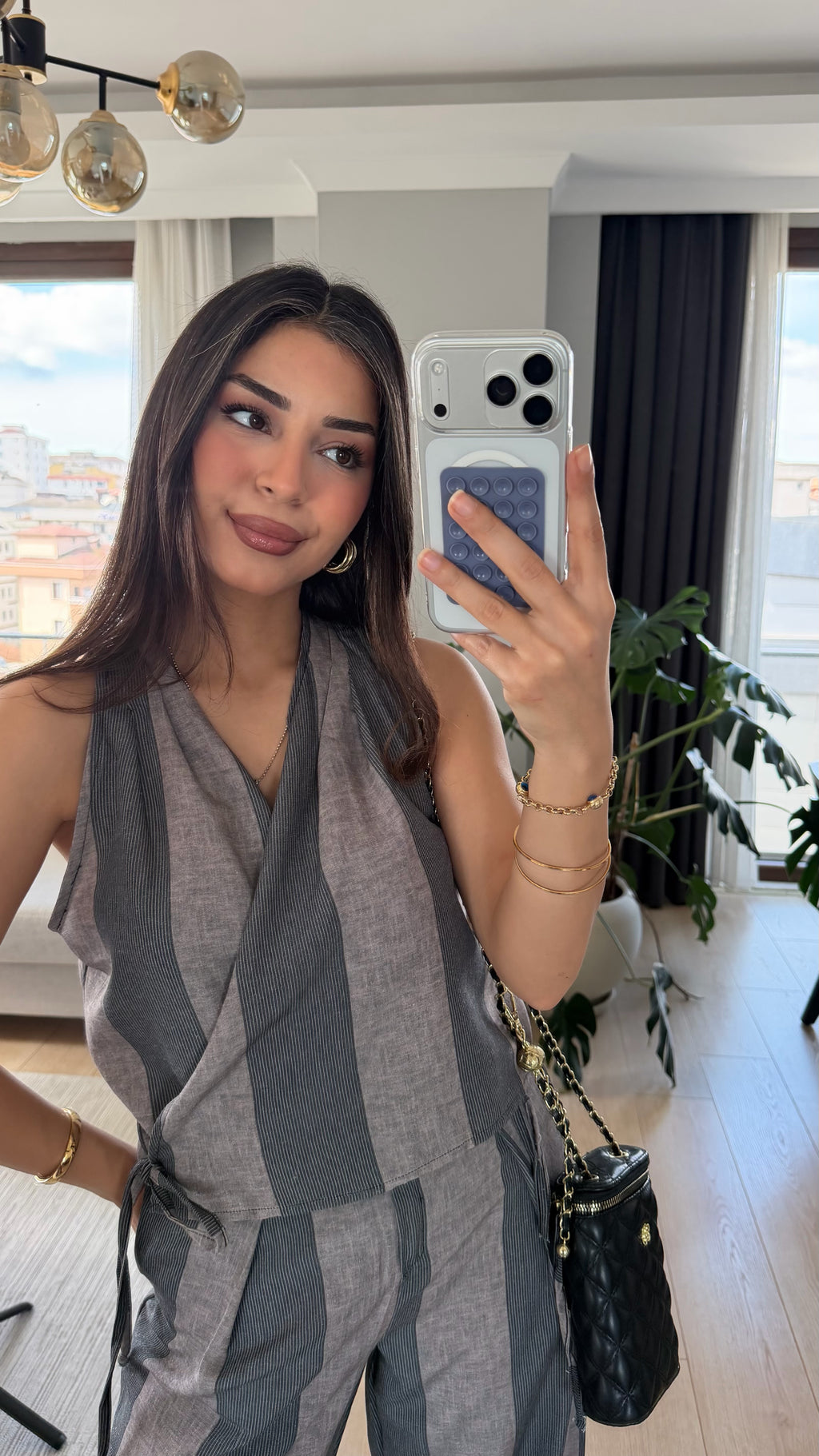 Çizgili Keten Yelek Pantolon Takım