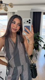 Çizgili Keten Yelek Pantolon Takım